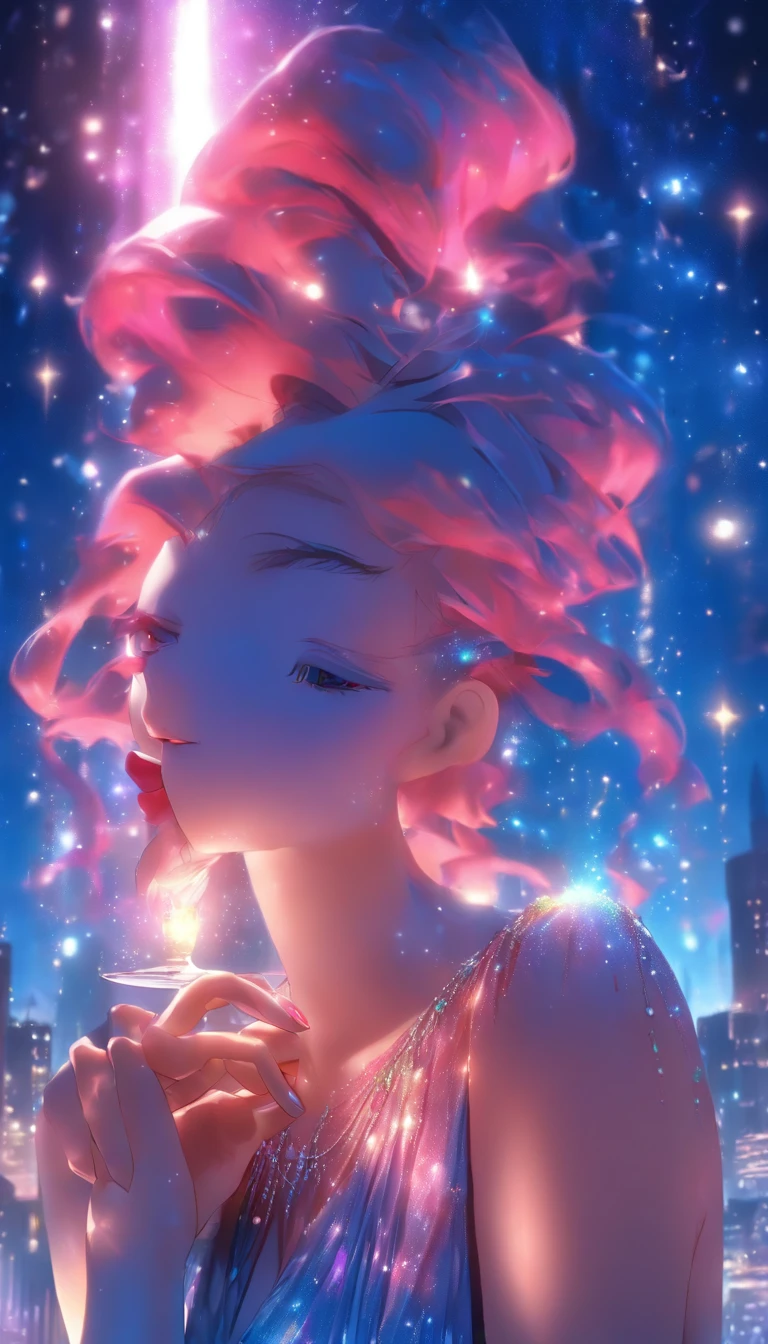 (best quality,4k,8k,highres,masterpiece:1.2),ultra-detailed,beautiful face,blue detailed irises,pink long hair,stunning detailed necklace around her neck,wearing a low-cut evening dress,holding a champagne glass in her hand,red low-cut evening dress,starry night sky,elegant,hyperrealistic art