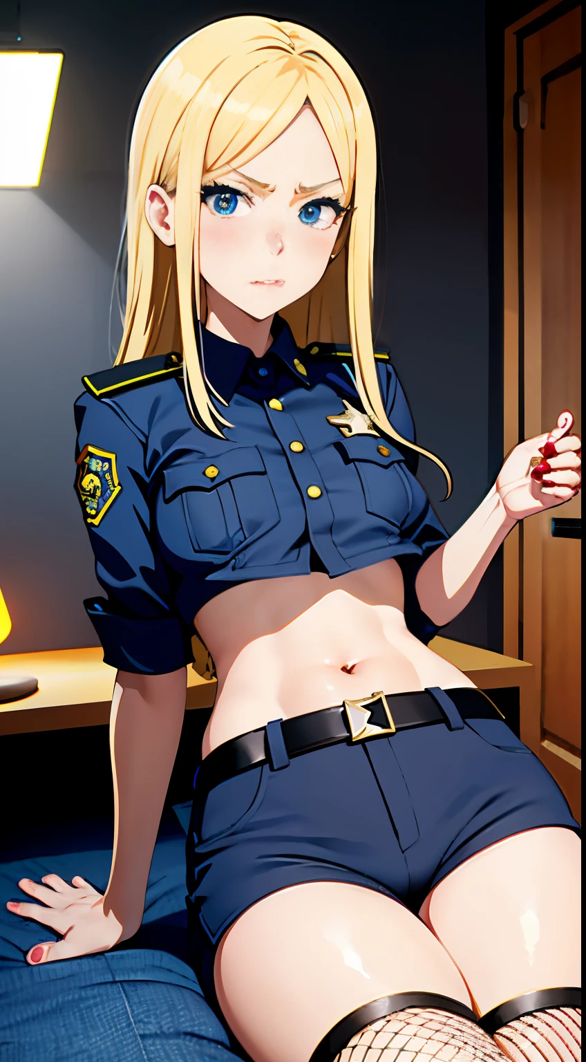 Cartoon picture of woman wearing police uniform, Official, bobby, Wearing a police uniform, The police lights shine on her face, Screenshot of the animated movie, still from tv anime, Anime visuals of a cute girl, eechi, Kitagawa Ocean Fan Art, anya from spy x family, Detailed pubic hair. Girl Front, seductive anime girls, Oppa&#39;，fishnet stockings，Ultra-short clothes，Exposing the abdomen，Ultra shorts，Raised Legs，look of anguish，Long blonde hair，In a dark and dirty room。fearful expression，blush blush。My face was red，The whole body feels like lying on the bed，sitting in the couch.Policewoman，Police uniform，A sexy pose