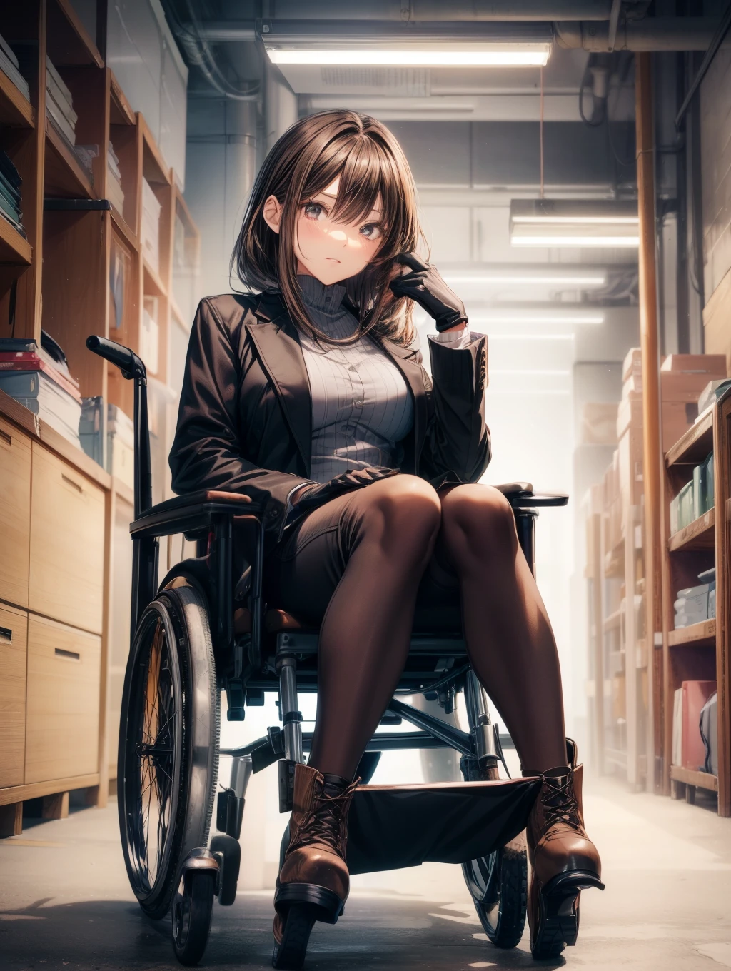 1人の女性、Best Quality, masutepiece, Beautiful mature、Beautiful face、Strong-minded woman、Being in a wheelchair、Office Suits、black fingerless gloves、long boots、brown haired、Brown-eyed、Bob Hair、40 years、adult lady、Full body like、