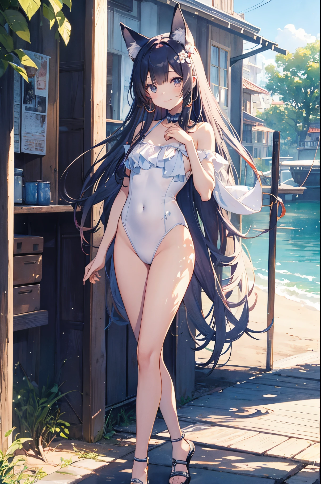 (Watercolor tones、2D Beautiful Girl:1.3)、2D、top-quality:1.1、extremely delicate and beautiful:1.1、Soio、Large, drooping eyes、stright long hair、(slingshot high leg swimsuit)、Princess、The best smile、is standing、Facing the front、Empty beach in the background、14years、Fox ears、(full-shot)、