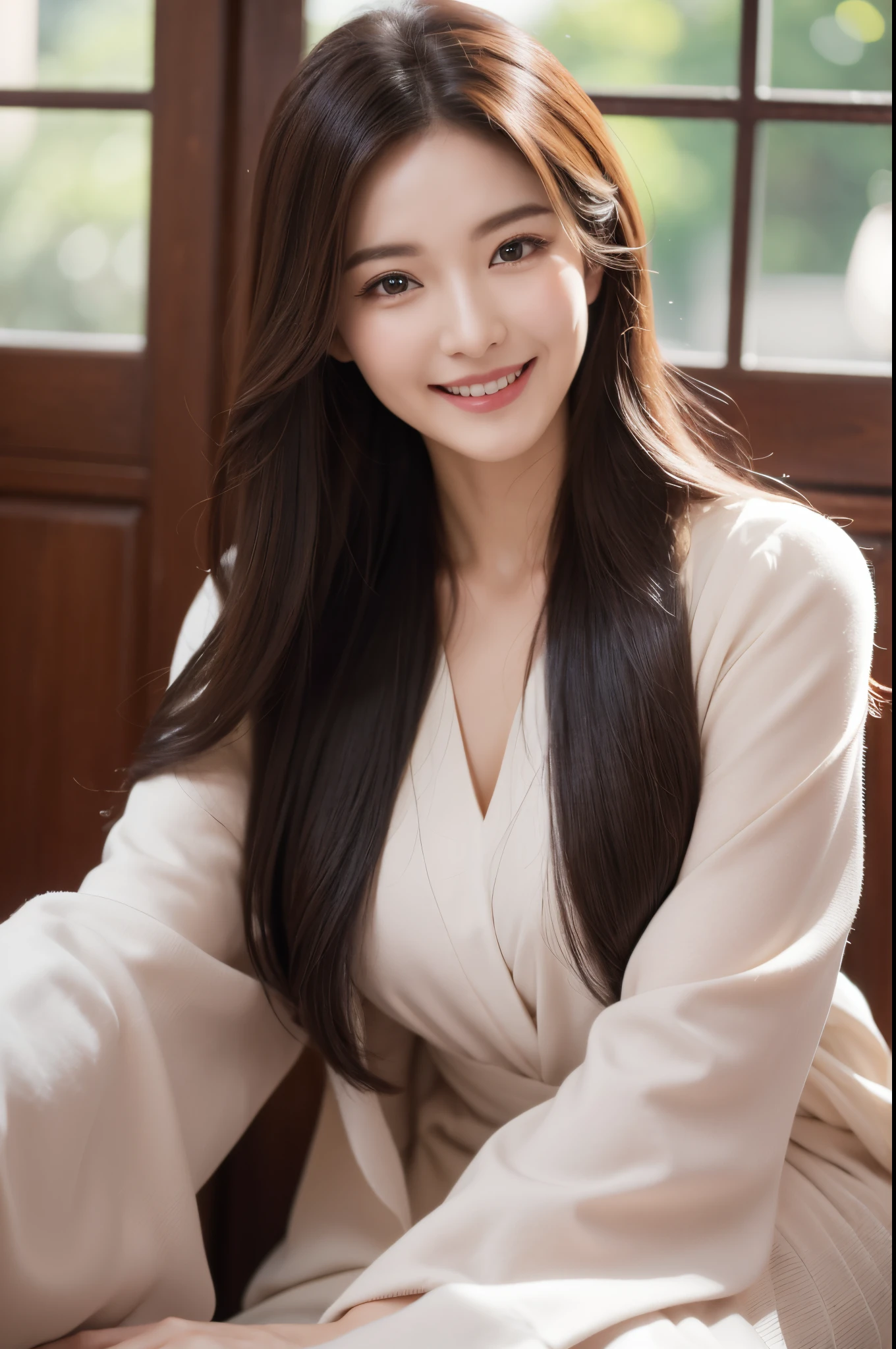 (Best quality at best, A high resolution, realisticlying), 美丽细致的眼睛, Perfect face shape, long and flowing hair, Mature look, Look confidently at the camera, Enchanted smile, contagious smile, full-body portraits, South Korean beauties,mature,(Wearing a light-colored top with a round neck)