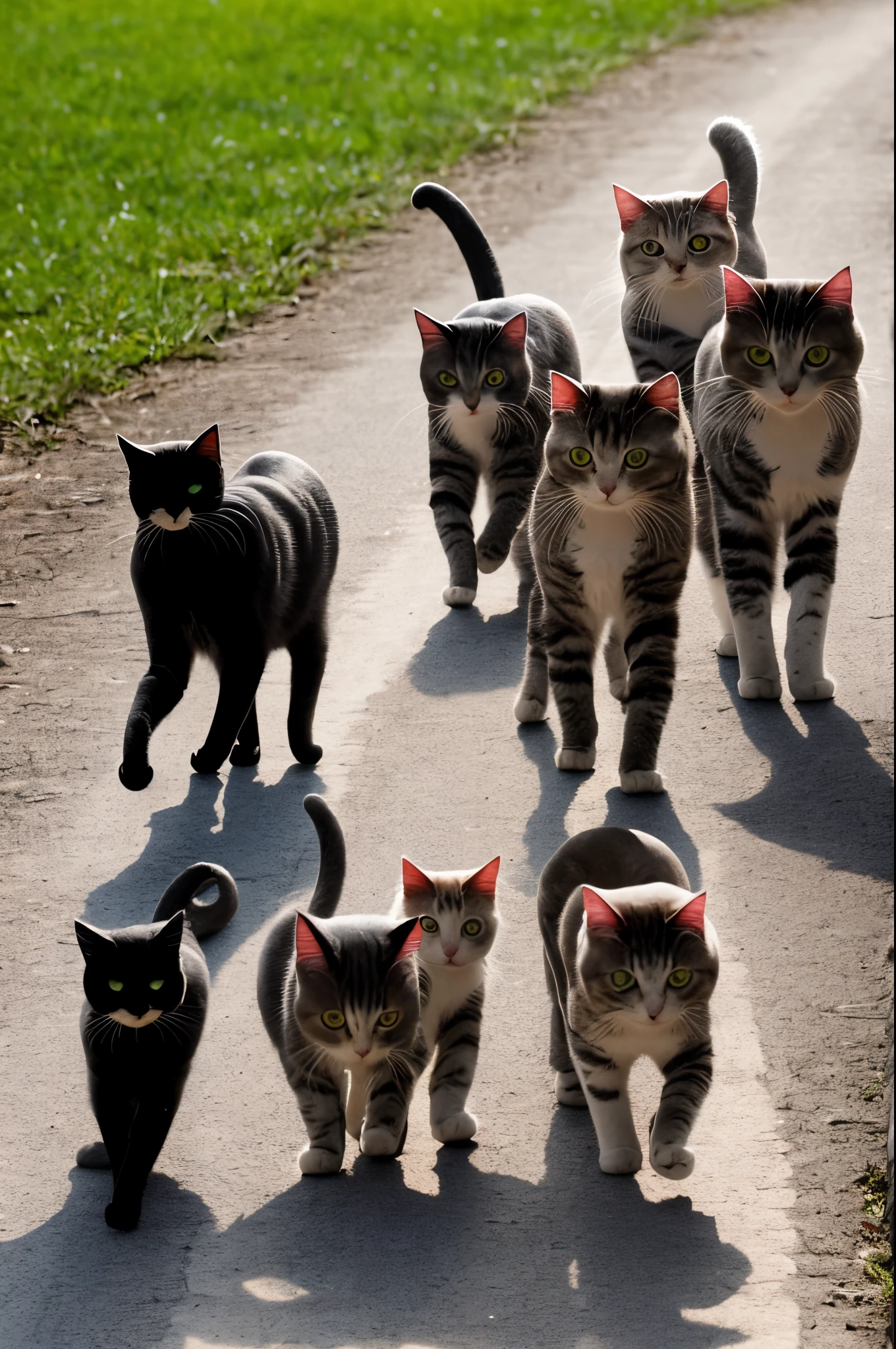 6 cats side by side, and their fur color form The words BOM DIA (one letter per cat)