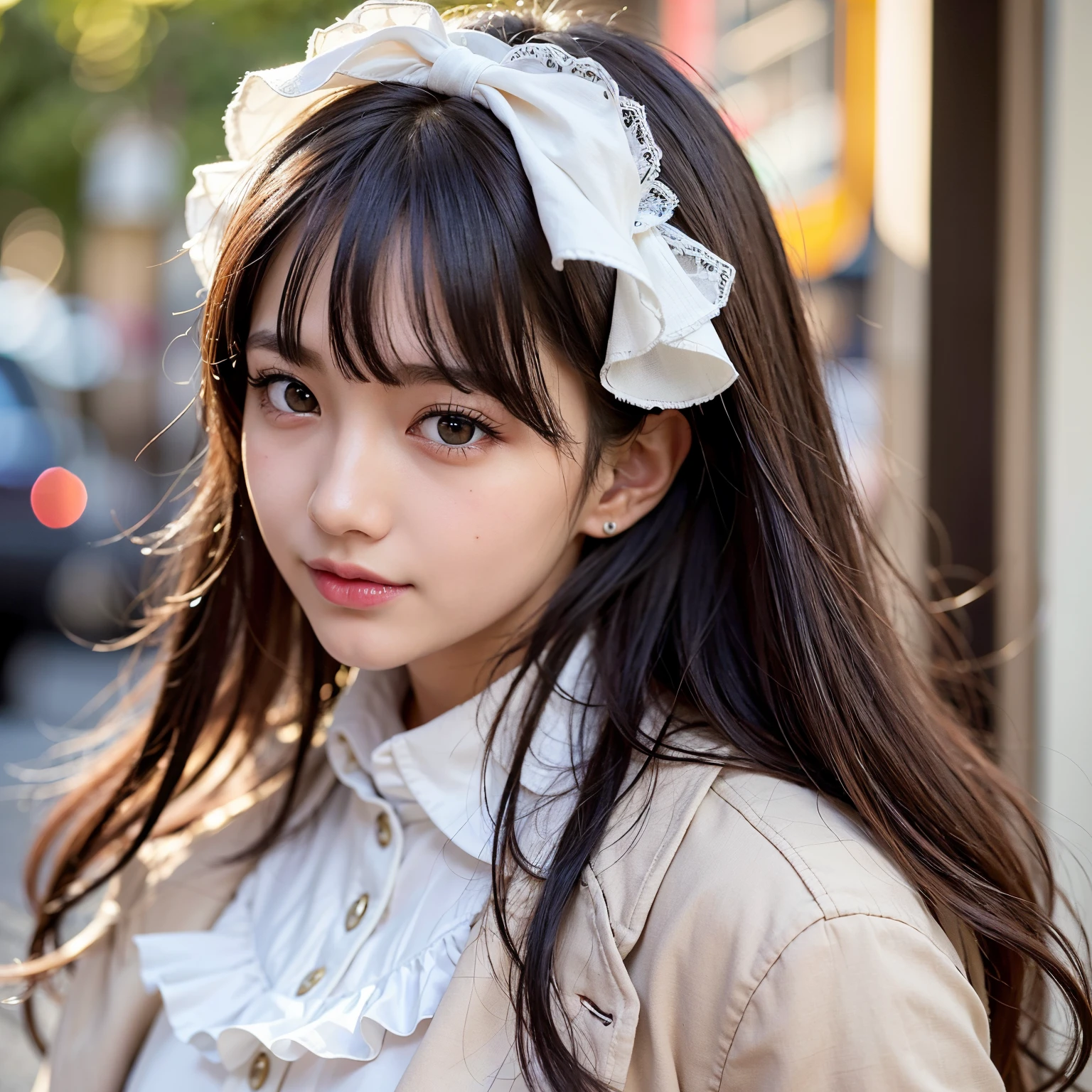 Best-quality, Masterpiece, Ultra-High-Resolution, (Photorealistic:1.4), Raw-Photo, Extremely-Details, Perfect-Anatomy, 1girl, 10-years-old, the most popular Japanese idol, at autumn street, beautiful innocent smile, looking at viewer, ((wearing white blouse with frills, brown trench coat)), extremely cute face like a most famous Japanese idol, extremely beautiful black solid circle eyes, extremely beautiful long eyelashes, extremely beautiful black hair, extremely beautiful realistic skins, detailed white blouse with frilly, detailed brown trench coat, detailed cute face, detailed beautiful black solid circle eyes, detailed beautiful long eyelashes, detailed beautiful hair, detailed beautiful realistic skins