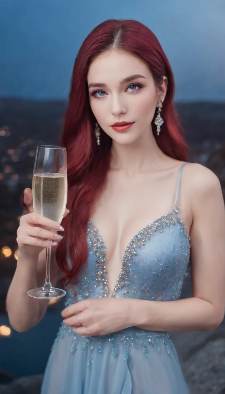 (A woman who is,pretty face,Long eyelashes,Pink Long Hair,Blue pupil,Gem Necklace,Low-cut evening dress,holding a glass of champagne,Red evening dress,starrysky,Elegant,Surreal art)