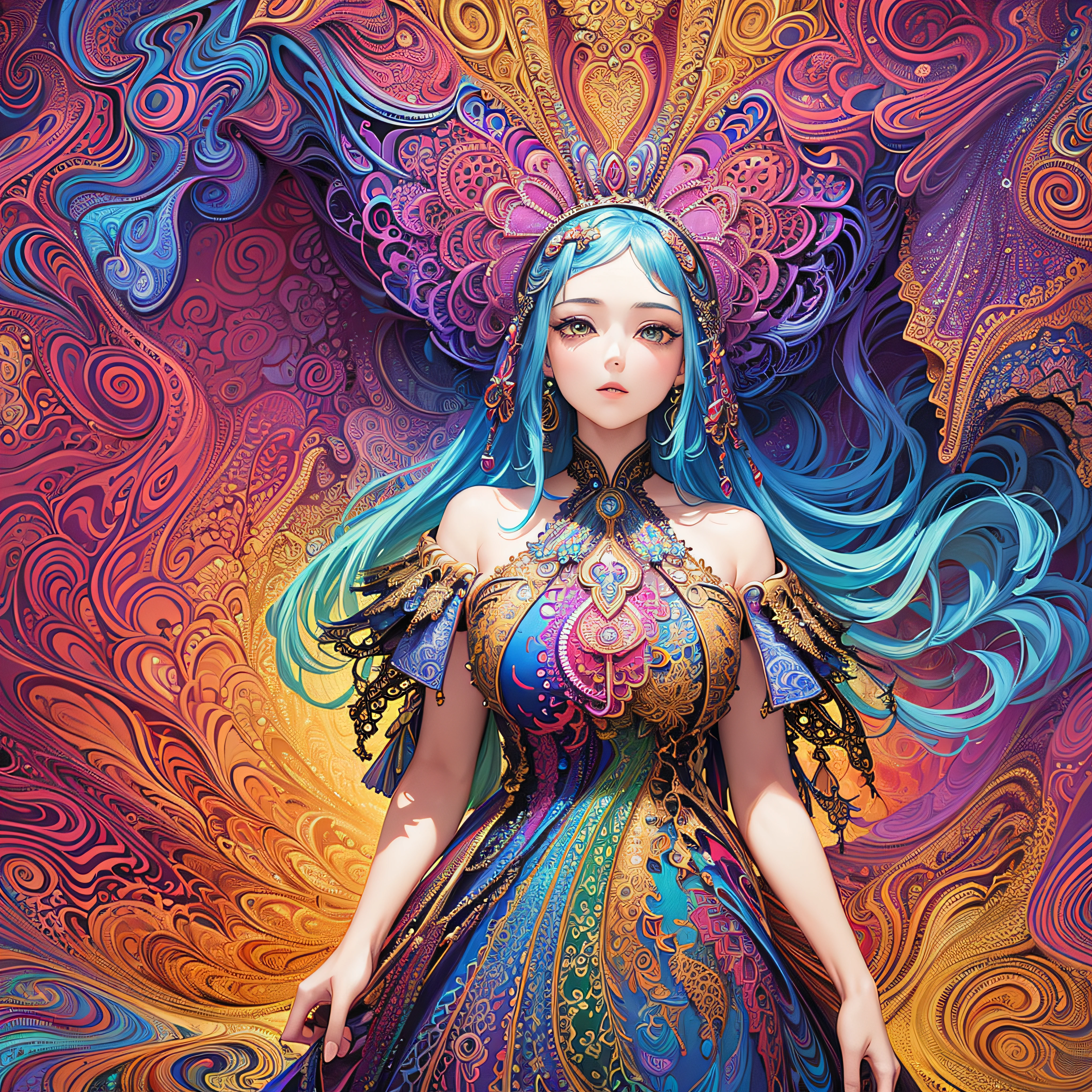 (Masterpiece, top quality, best quality, official art, Beauty and aesthetics: 1.2), (1 girl: 1.3), very detailed, (fractal art: 1.2), colorful, highest detail, (zentangle: 1.2), (dynamic pose), (abstract background: 1.5), (three-layer dress: 1.2), (shiny skin), (multiple colors: 1.4), upper body, transparent gauze, bare shoulders, blooming flower field, glowing skin, light smile, sexy, bust, naked, from below, butt up waiting up