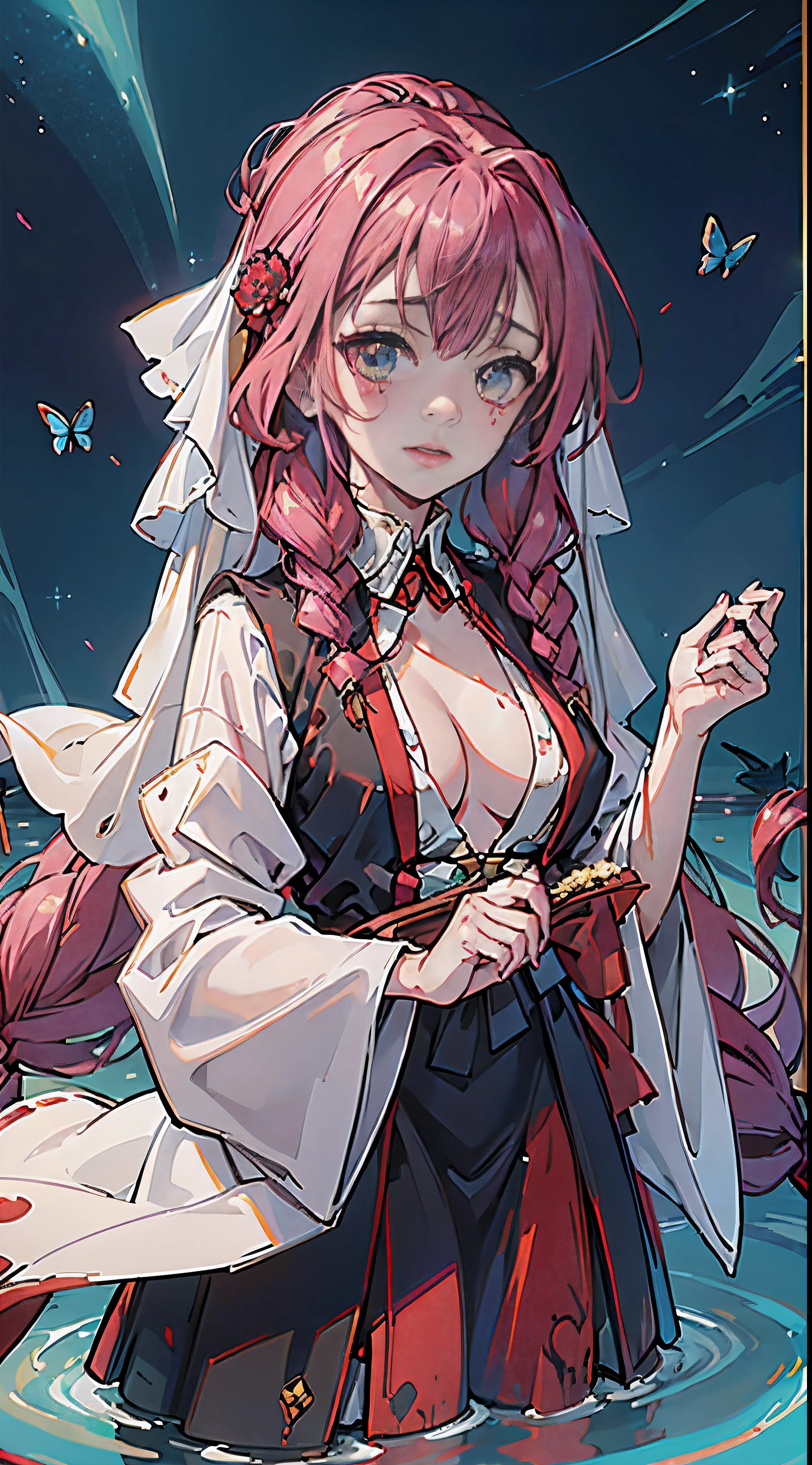 {{best quality}},{{masterpiece}},{{ncredibly_absurdres}},8k wallpaper,original,extremely detailed wallpaper,1girl,red with black waistband,bufu,overlapping collar,cinematic_lighting,Tyndall effect,((hanfu)),{an extremely delicate and beautiful}:,polka_dot,revealing dress,medium_breasts,cityspace,beautiful detailed sky,beautiful detailed water,seductive smile,bangs,scrunchie,long hair,hair pink flowers,{{head tilt}},artbook,(wide_shot),(((full_shot))),(Collage 1.5),(Eyes for details),finely detail,Depth of field,extremely detailed CG unity 8k wallpaper,masterpiece,Vampire girl,Beautiful long dark purple hair,(1 girl :1.5),((Beautiful butterflies in detail)),(black halter dress :1.3),(((solo))),((song style outfits)),terror,((((red hanfu)))),(long_sleeves),(red headscarf),(dark red),(((bridal attire))),(((bride))),((wedding)),(hairs curling in the water)),(red water :1.2),(blue background:1.3),(Background of details),(Starry sky in beautiful detail),(Hazy fog),Perfect details,Beautifully gorgeous necklace,{{{Authentic and detailed face}}},High exposure,Bright light,Detail of the colored pupil,(aurora),cinematic angle,Purple rose flower frame,chromatic aberration,(Broken mirror :0.7),Armin Hansen,chinese_style,white skin,,selfie,(((splatted blood))),got blood on face,full body,((Bokeh)),(((sharp focus))),MitsuriDS