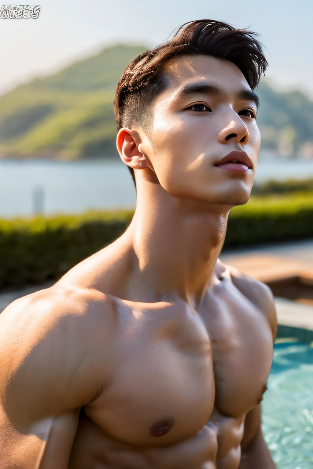 Masterpiece, Best Quality, Solo, Korean Men, bodybuilder, Muscular body, big muscle, Natural eyes, Short and delicate hair, Sexy Man, looking up at viewer, Triangle Men's Swimwear, Standing, Muscular posture