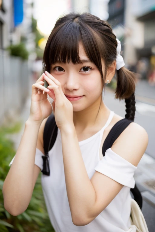 (SFW:1.5), masutepiece, Best Quality,(young and cute pose:1.9),(Japan girls at 8 years old:1.5),(Looks like you're about to cry:1.3),Brown eyes、(Small:1.9)、(smooth twin tail hair:1.5)、(The body that moves the whole body、Skinny Legs)、A detailed eye、Very white skin、Letting down your bangs、Detailed body、Detailed hand、No makeup,onepiece,Summer sky,full bodyesbian