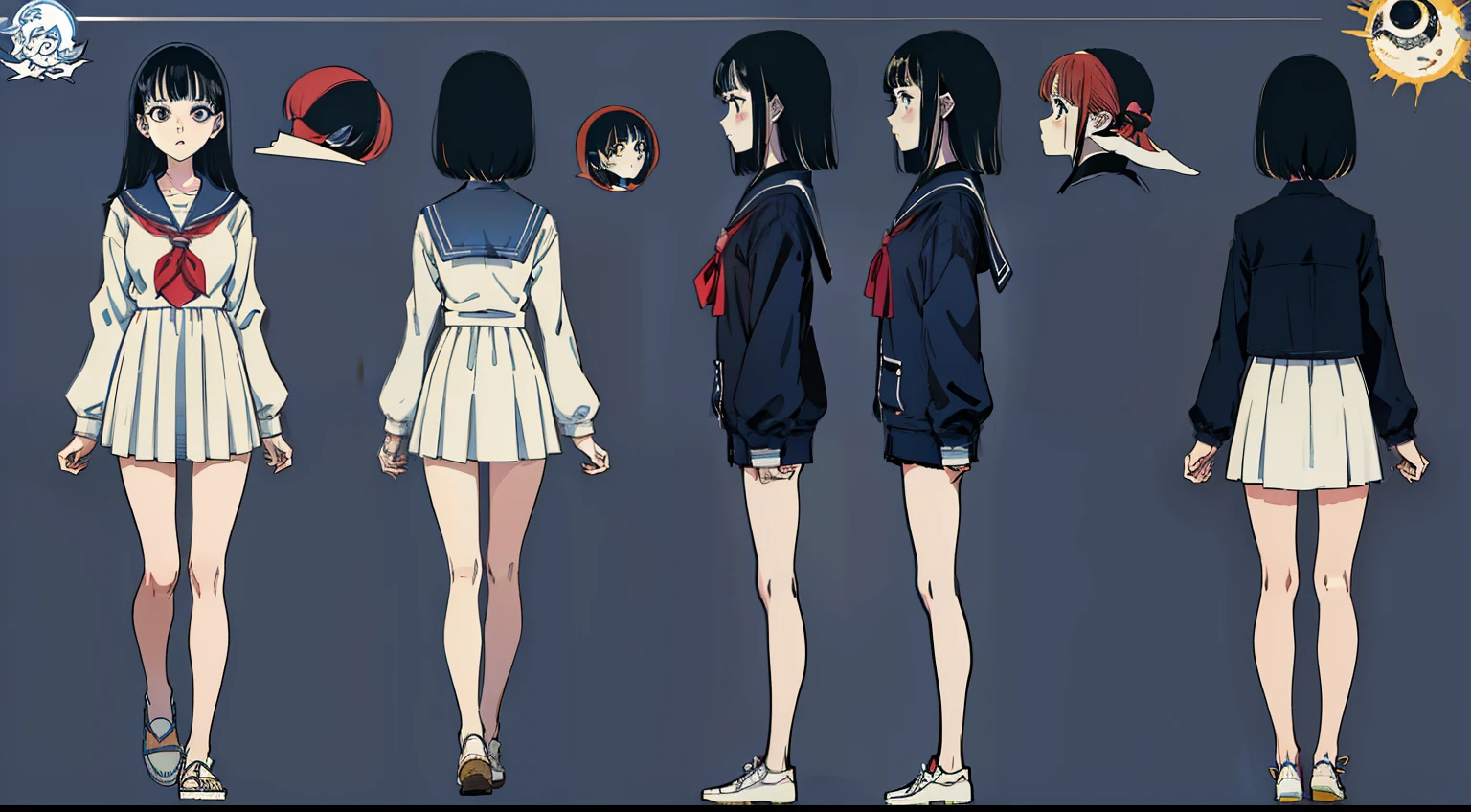 girl with,1 persons, 18year old,Cool, Standing Girl, three sided view, front, Back and sides, Character Sheet,Full body,Simple background,design sheet,female students,a sailor suit,murky,Nightmare, Night,Junji Ito