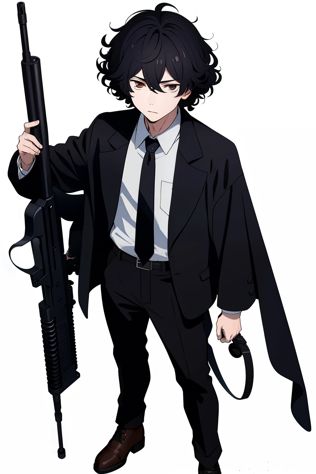 Boy, curly hair like rings,Black jacket, long black pants,He holds a Russian PKC machine gun in his hand, full body, PK machine gun,Photography angle from below