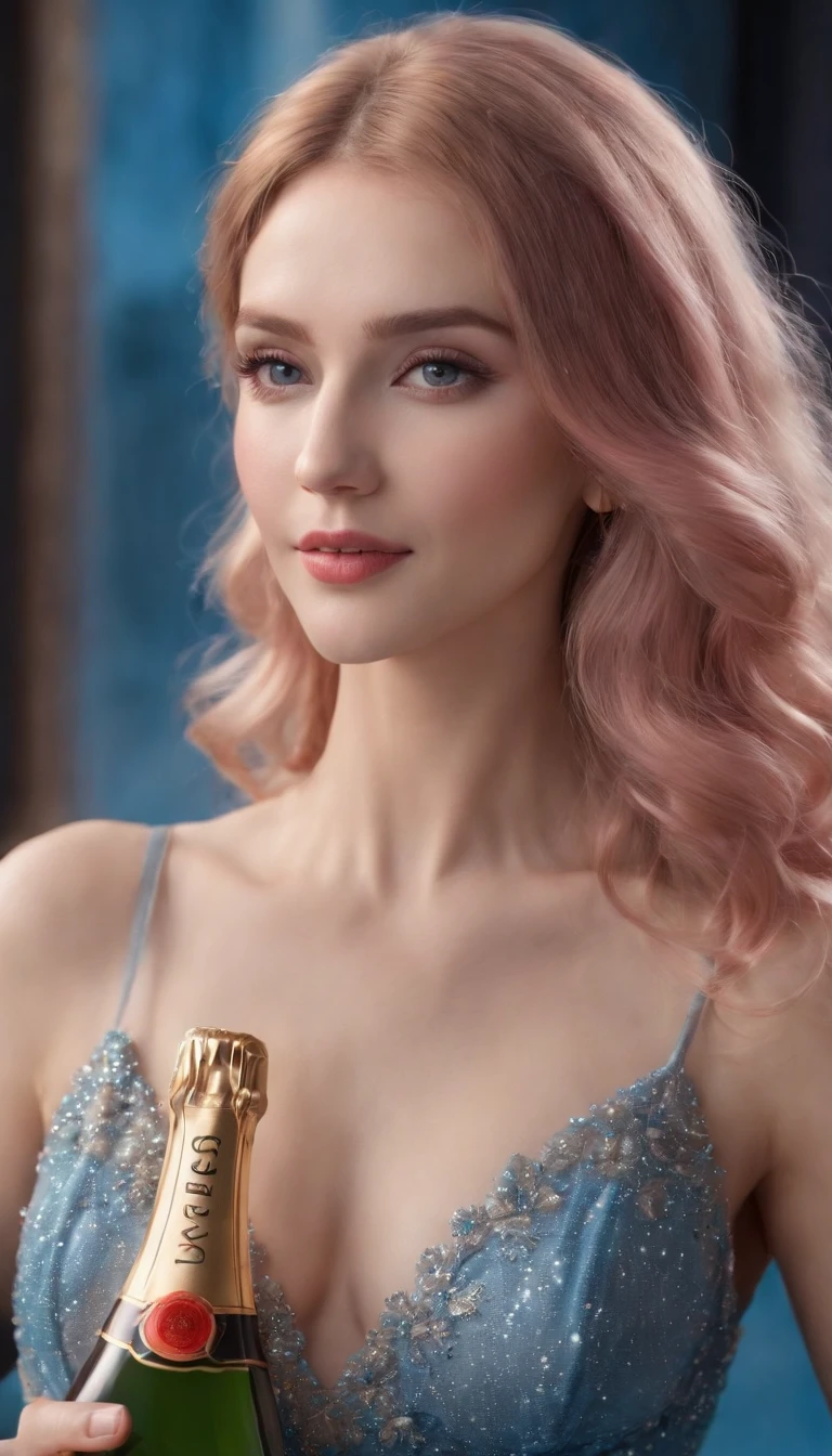 (best quality,ultra-detailed,photorealistic), portraits, a woman, beautiful face, long eyelashes, pink long hair, blue pupils, jewel necklace, low-cut evening gown, holding a glass of champagne, red evening gown, starry sky, elegant, full-body shot, super detailed, surreal art