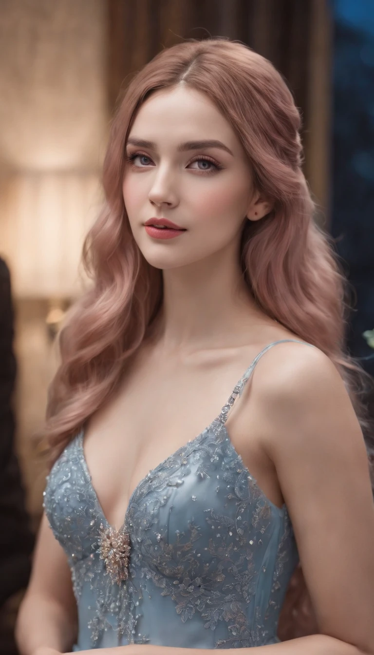 (A woman who is,pretty face,Long eyelashes,Pink Long Hair,Blue pupil,Gem Necklace,Low-cut evening dress,holding a glass of champagne,Red evening dress,starrysky,Elegant,Surreal art)