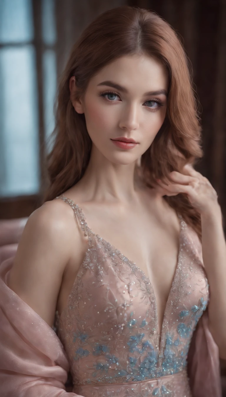 (best quality,ultra-detailed,photorealistic), portraits, a woman, beautiful face, long eyelashes, pink long hair, blue pupils, jewel necklace, low-cut evening gown, holding a glass of champagne, red evening gown, starry sky, elegant, full-body shot, super detailed, surreal art