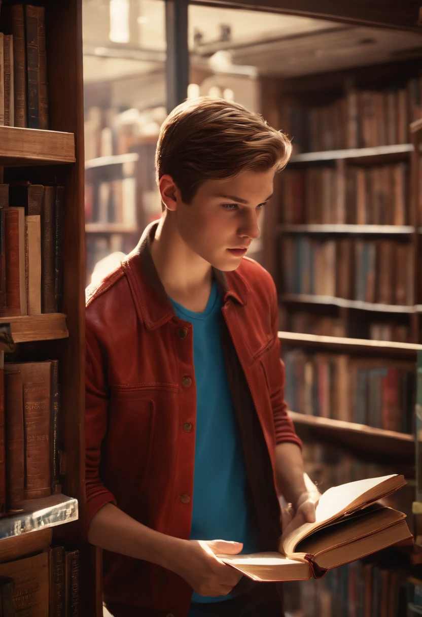 A photo of Nathan at a vintage book store, angrily flipping through a stack of books,Life is Strange video game series,Nathan is a teenage boy with blue eyes, slicked back light brown hair, light freckles, wears a red letterman jacket, mean expression