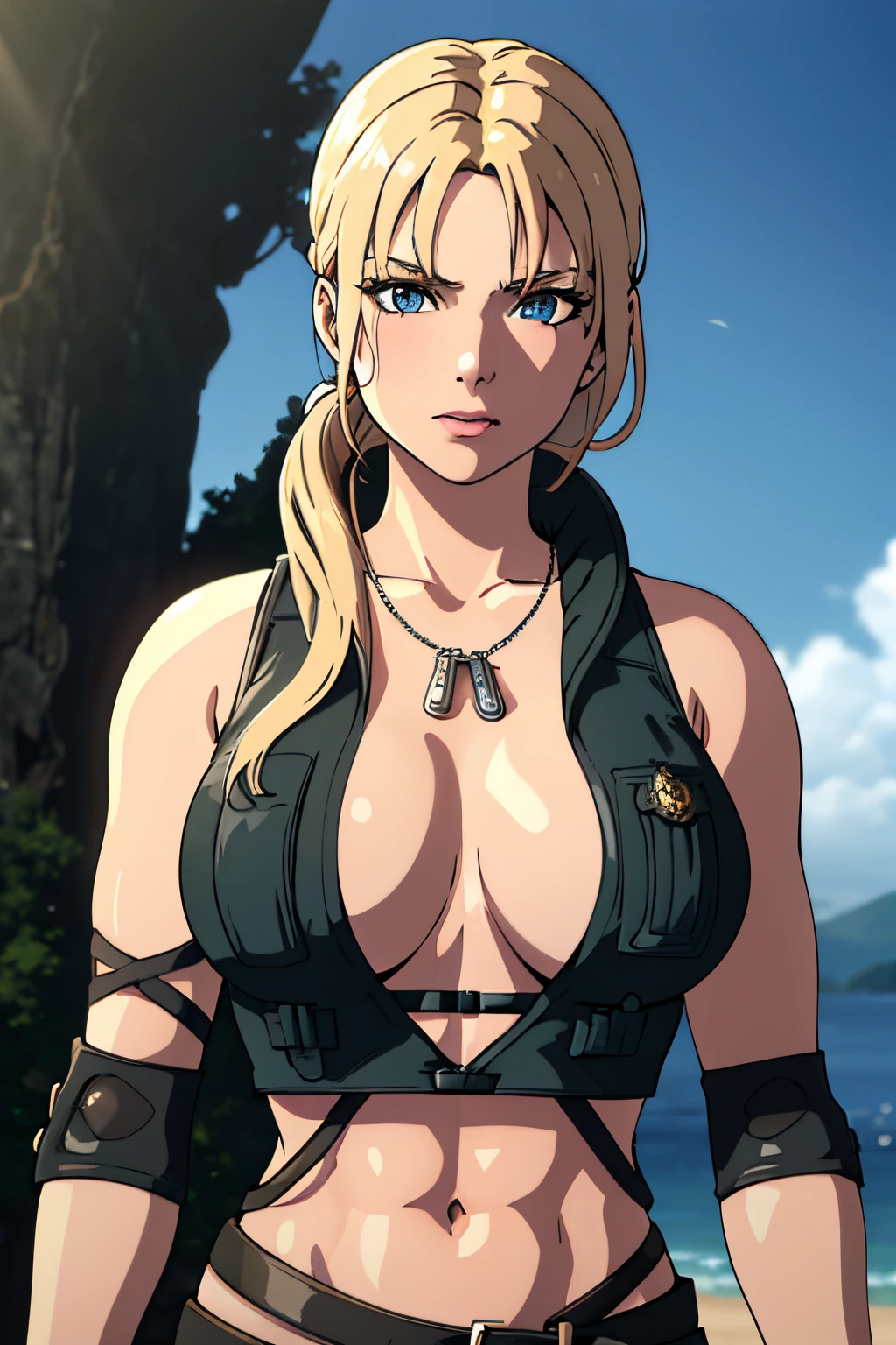 8k, best quality, real picture, intricate details, ultra-detailed, ultra highres, depth field, ,masterpiece  sonyablade, european woman, wearing a jacket, huge breasts,crop top, blue eyes, blonde hair, blue eyes, sleeveless, solo, sun, blue sky, best quality, (intricate details:1.2), (delicate detailed), (cinematic light), clear line, sharp focus, detailed face unity 8k wallpaper, ultra high res, looking at viewer