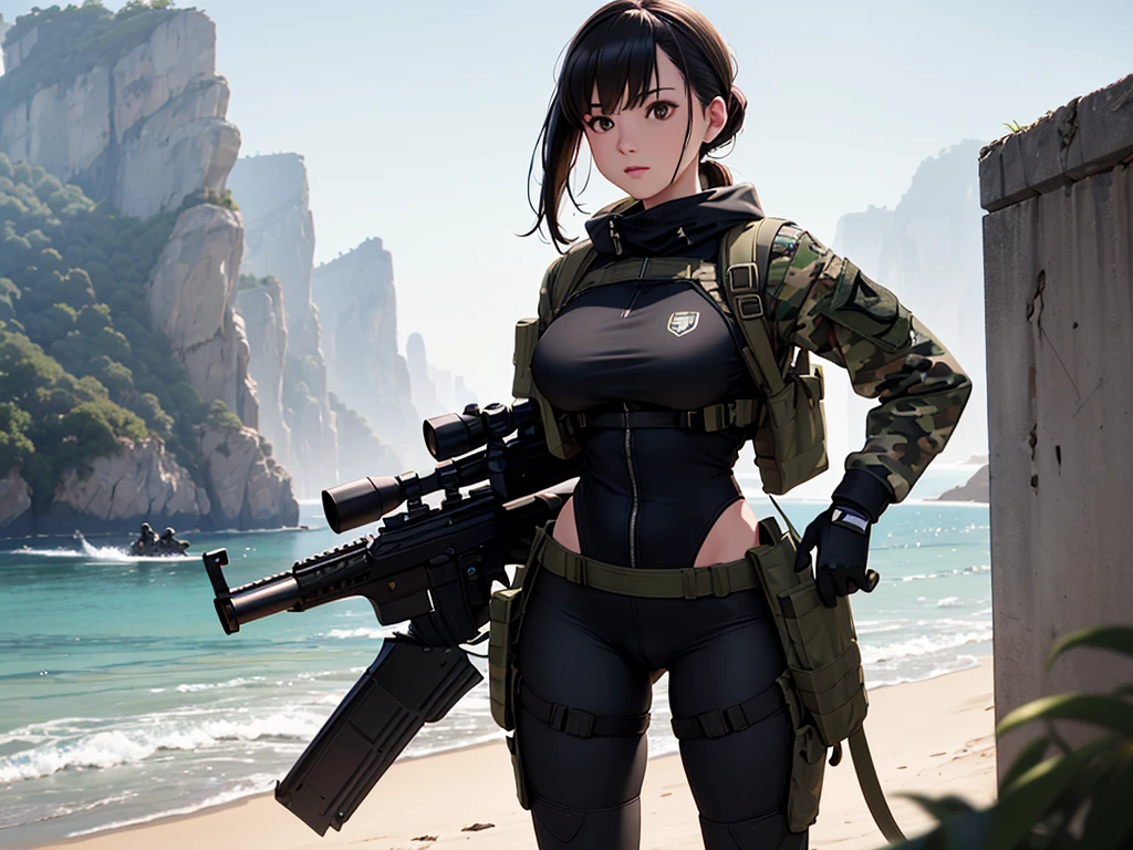 one beautiful and sexy soldier girl in full body using leggins and tactical gear accompanied of two wolves in the beach from the back, cap, ponytail hair, snickers, sniper rifle, gloves, tactical, black sport jacket, night vision goggles, black hair, high resolution, sharp image, (camouflage:1.3),
Military uniform, ((Best quality)), ((masterpiece)), (highly detailed:1.3),Depth-of-field, Multi-layered textures,(Hyperrealistic),HDR (High Dynamic Range),Ray Tracing,NVIDIA RTX,Unreal 5,Subsurface scattering,PBR Texturing,Post-processing, 1girl,
Anisotropic Filtering, Maximum clarity and sharpness,Wide aperture,Low ISO,White balance,Rule of thirds,8K RAW, aircraft runway strip background