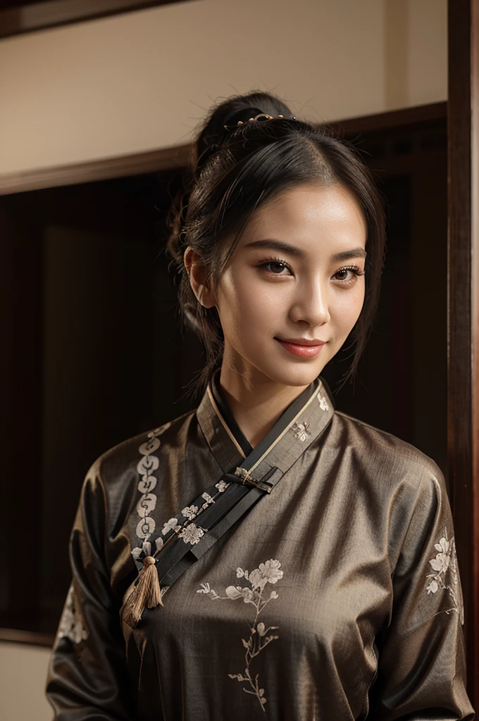 A young woman wearing traditional Chinese ink painting style clothing。and she smiling,Exudes an ambience of sophistication and elegance,Hair tied on top of the head,exquisite face,The expression is cool,Handsome woman