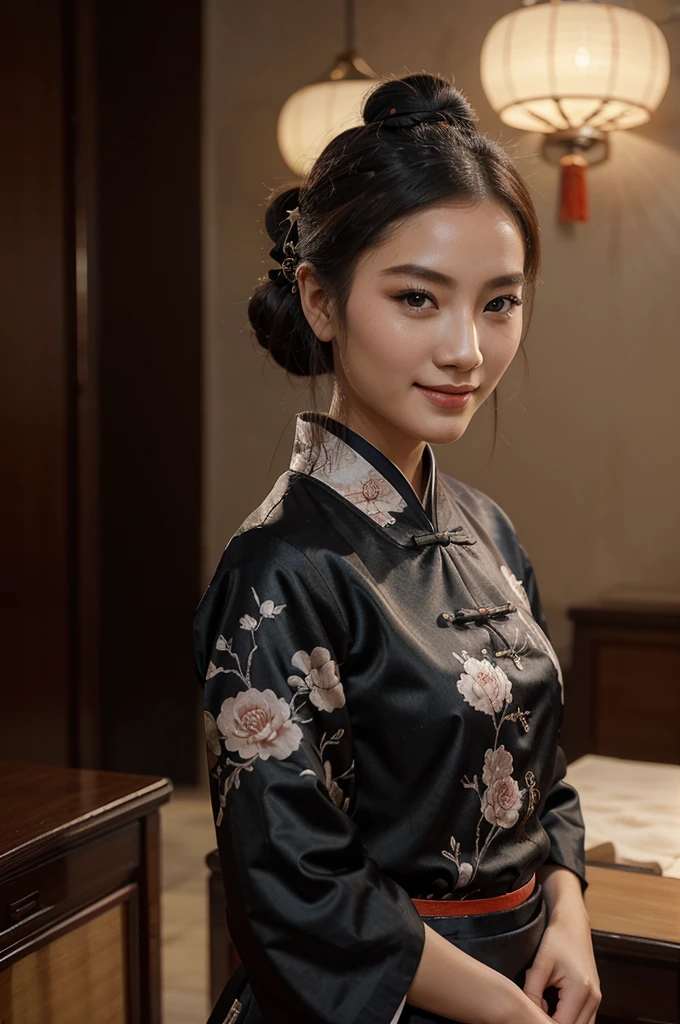 A young woman wearing traditional Chinese ink painting style clothing。and she smiling，Exudes an ambience of sophistication and elegance，Hair tied on top of the head，exquisite face，The expression is cool，Handsome woman