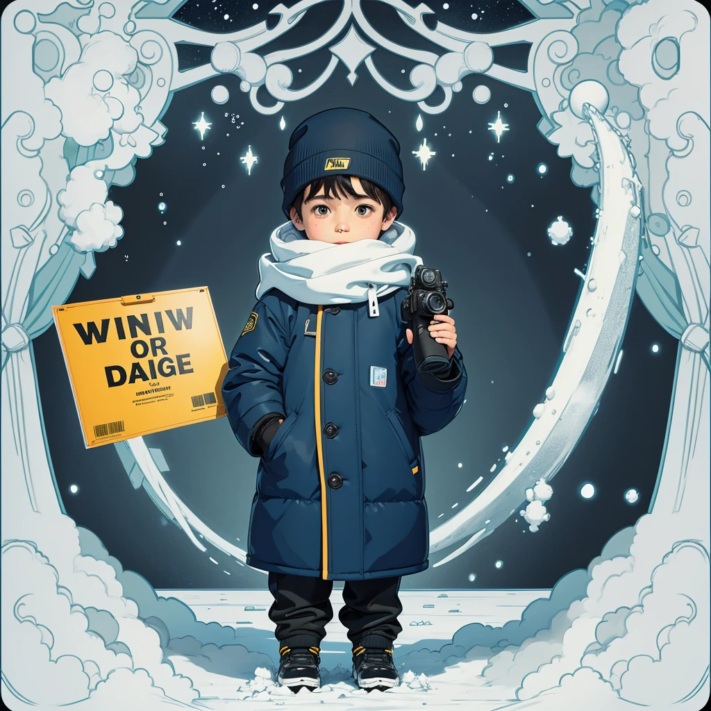 A little boy in winter clothes holds a Nikon camera in his hands，poster for，15 year old face，Winters，Cartoonish