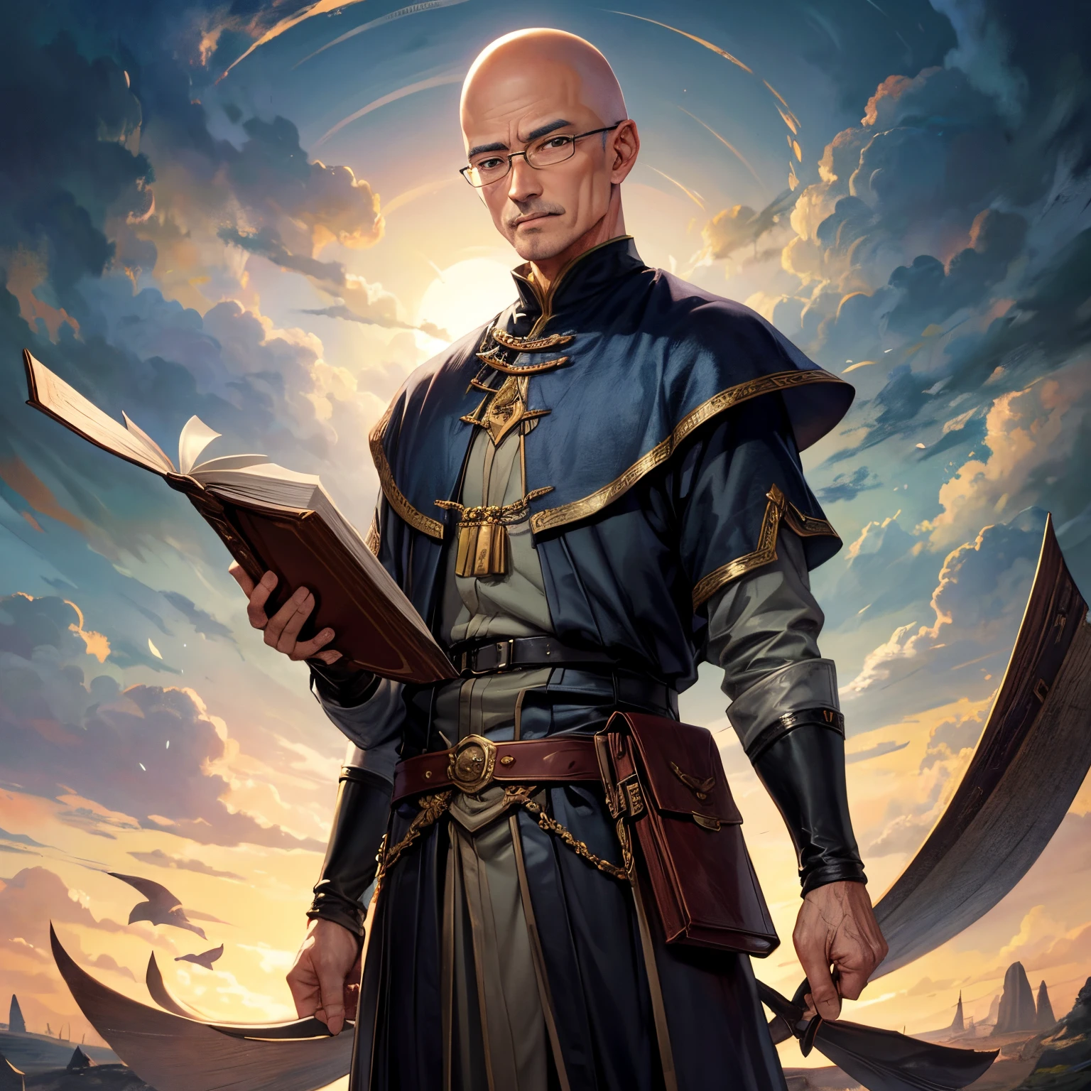 One Man、animations、fantasy worlds、hightquality、high-level image quality、A dark-haired、Hip face、aquiline nose、Bald head、Short stature、minister、old people、book in hand、wears glasses