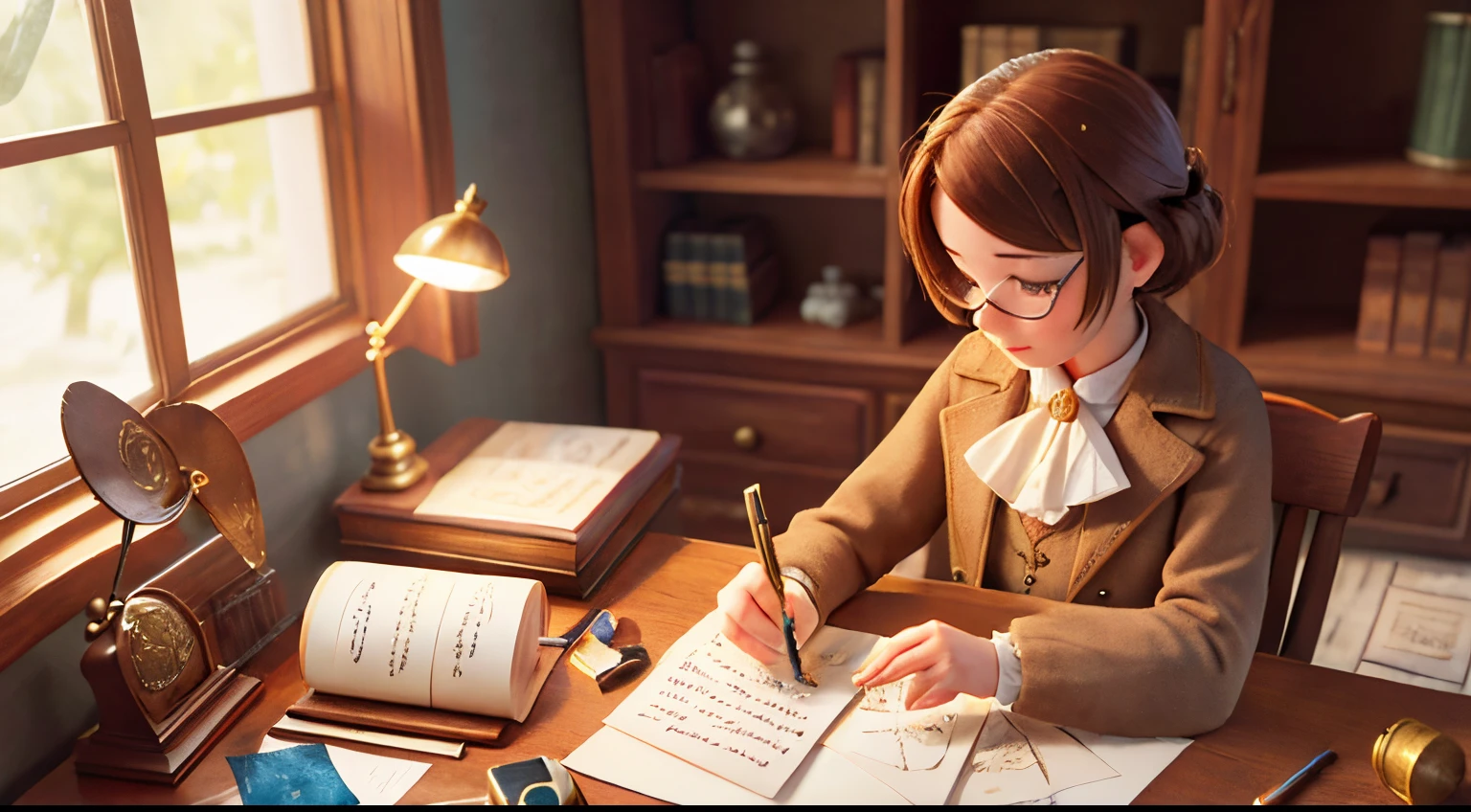 (a person writing a letter),paper,pen,ink,bottle of ink,stamp,envelope,desk,lamp,candle,quill pen,vintage,vintage postcard,calligraphy,antique,wooden desk,feather pen,old-fashioned,retro,beautiful handwriting,thoughtful expression,curled paper,sunlight streaming through window,quiet atmosphere,nostalgic,fountain pen,details of hands,letters,address,label,sealing wax,gentleman/woman,attention to detail,elegant,old-fashioned font,fountain pen with golden nib,old ink stains,vintage stationary,postal stamp,carefully chosen words,gilded edges,antique seal,smudged ink,signature,European-styled desk,feathery strokes,meticulously crafted,antique letter opener,stamp collection,antique writing set,old quill pen and inkwell,glass ink bottle,age-old tradition.