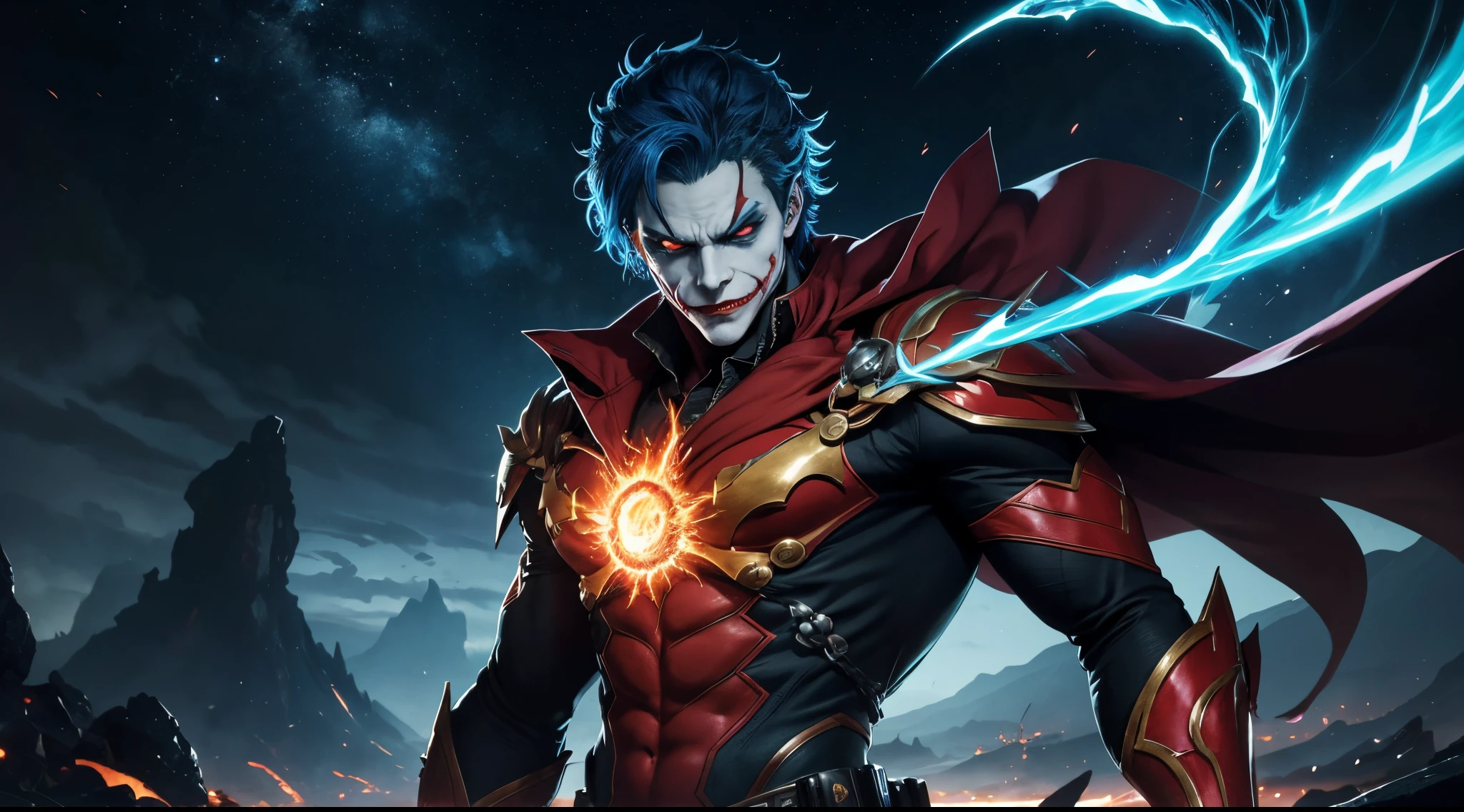 gloomy portrait of Red Lantern Joker from DC, extremely detailed, futuristic cityscape, nighttime, glowing neon lights, smoke, sparks, metal shavings, flying debris, blue energy effects, volumetric light