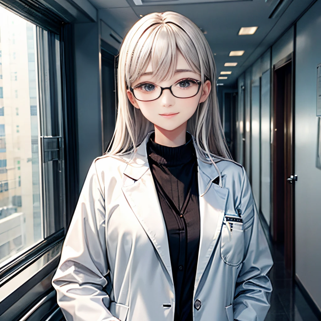 female medical white coat、Black-rimmed glasses、inside hospital、fully body photo、Extraordinary beauty、Cute、erect through
