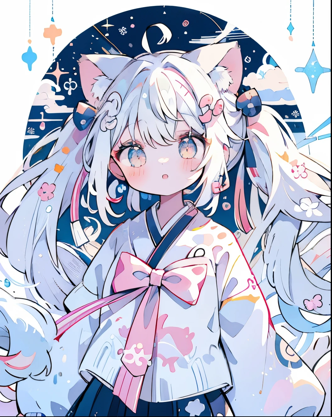 masutepiece、Masterpiece、high-level image quality、8K、kawaii(Twin-tailed、Twin tails at high)White hair、White eyes、snowy background、White coat、White muffler、White ears、Fox ears、((cat white ears))Furfur tail(The upper part of the body、)(((yuki)))