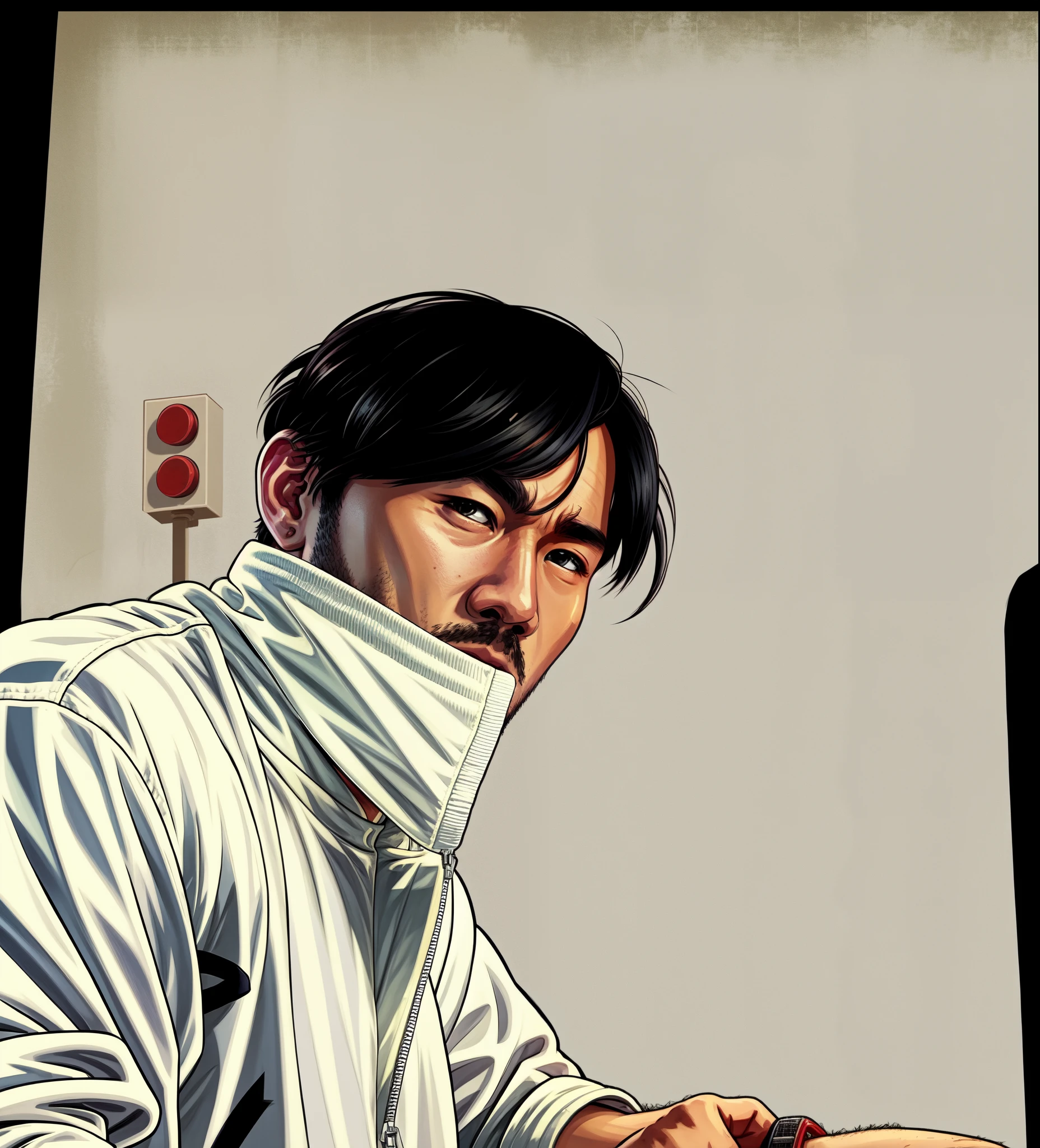 there is a 21 years old asian man, wearing white tracktop, the collar covered his mouth, HD anime pict, black hair, 2d game art gta5 cover, gta art, gta art style, gta v art, 2 d game art gta cover, 2d game art gta cover, style of gta v artworks, art gta 5, 2d art gta5 cover, gta v loading screen art, art gta 5 cover, 4k result