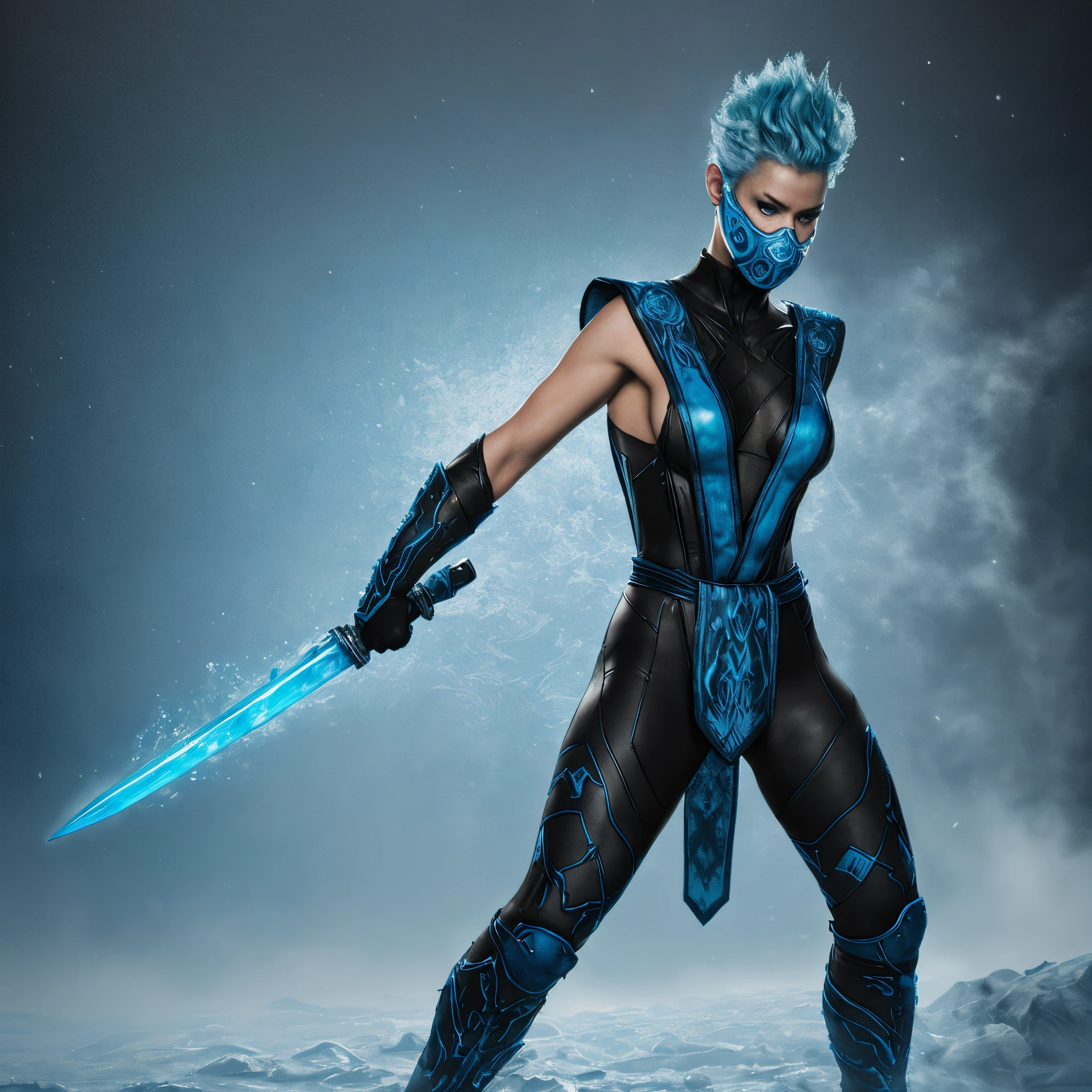 Frost, blue hair,  blue eyes, solo, standing, close up, short hair up, spiked hair,covered nipples, 
FroNin, mask,  fingerless elbow gloves, ,bodysuit ,thighhighs, black footwear, heels, pelvic curtain, stars,typical  blue martial arts uniform, arm and leg guards, an icy blue mask, wielding an ice sword, icy background particles,icy waves, stunning detailed background, icy steam from hands, icy steam from mask, icy steam from suit,((complex background))
(insanely detailed, beautiful detailed face, masterpiece, best quality) a black jumpsuit with attached blue tabard and belt and printed armour detailing on the shins and arms, icy weapons, dynamic pose, midriff, snowflakes,ice, 

Ben Bauchau, Michael Garmash, Daniel F
Gerhartz, Clint Cearley, Carne Griffiths, Jean Baptiste
Monge, strybk style, warm dreamy lighting, matte
background, volumetric lighting, pulp adventure
style, fluid acrylic, dynamic gradients, bold color,
illustration, highly detailed, simple, smooth and clean
vector curves, vector art, smooth, johan grenier,
character design, 3d shadowing, fanbox, cinematic.
ornate motifs, elegant organic framing, hyperrealism
posterized, masterpiece collection, bright lush colors.
TXAA, penumbra, abstract minimalism, wet gouache


, FROST, FRONIN,