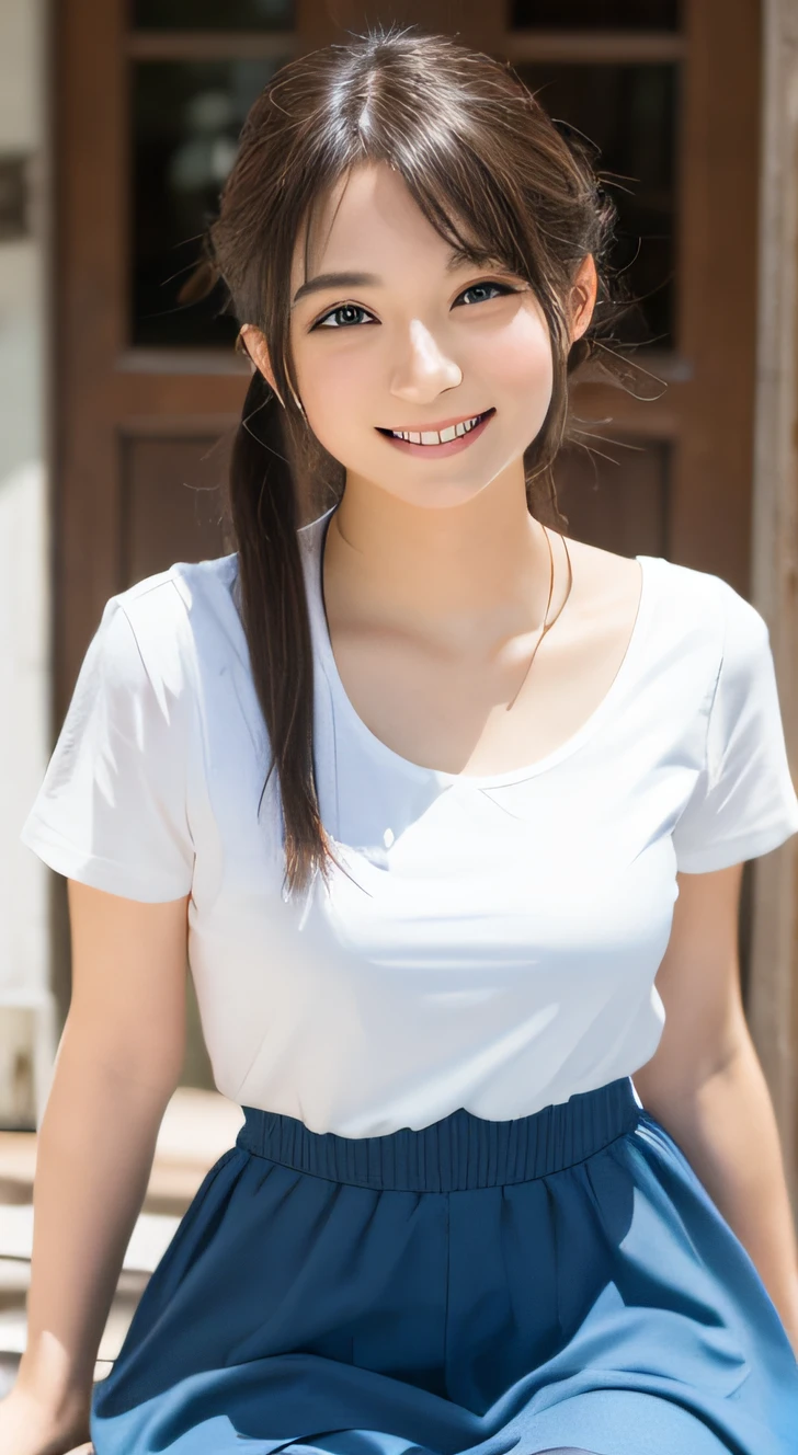 Japan Girl、ar old、Short hair、bobhair、Very cute、chubby figure、the chest is very large、idol、Mid summer、Sexy sleeveless、camisole、The shape of the chest comes out、Happy face、Sweating、Sexy mini skirt、Very short skirt、Image from directly below、Shooting from under your feet、showing the panty、Panties in full view、