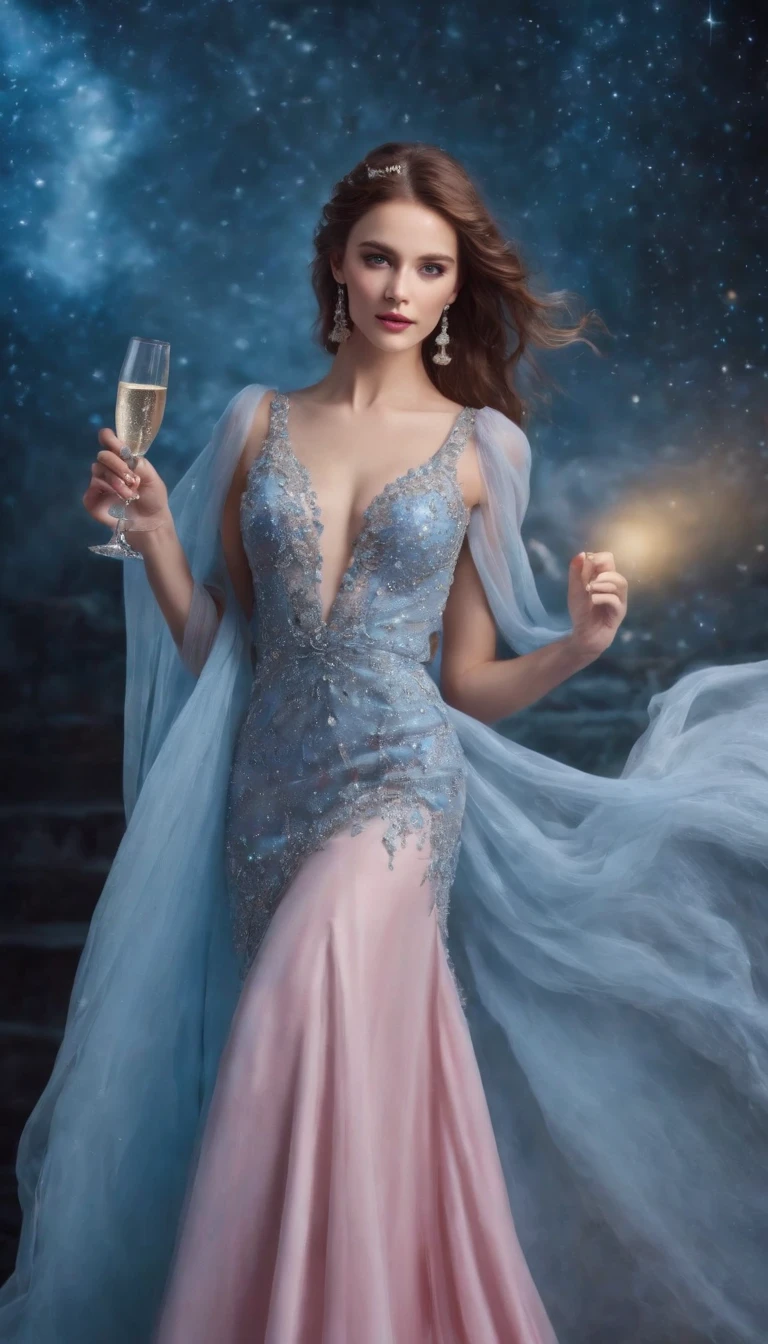 A woman who is，beauitful face，Blue pupil，Pink Long Hair，A gemstone necklace is worn around his neck，Wearing a low-cut evening gown，full body shot shot，Wear crystal high heels，Hand holding a glass of champagne，Red low-cut evening dress，A starry sky，ellegance，Surreal art