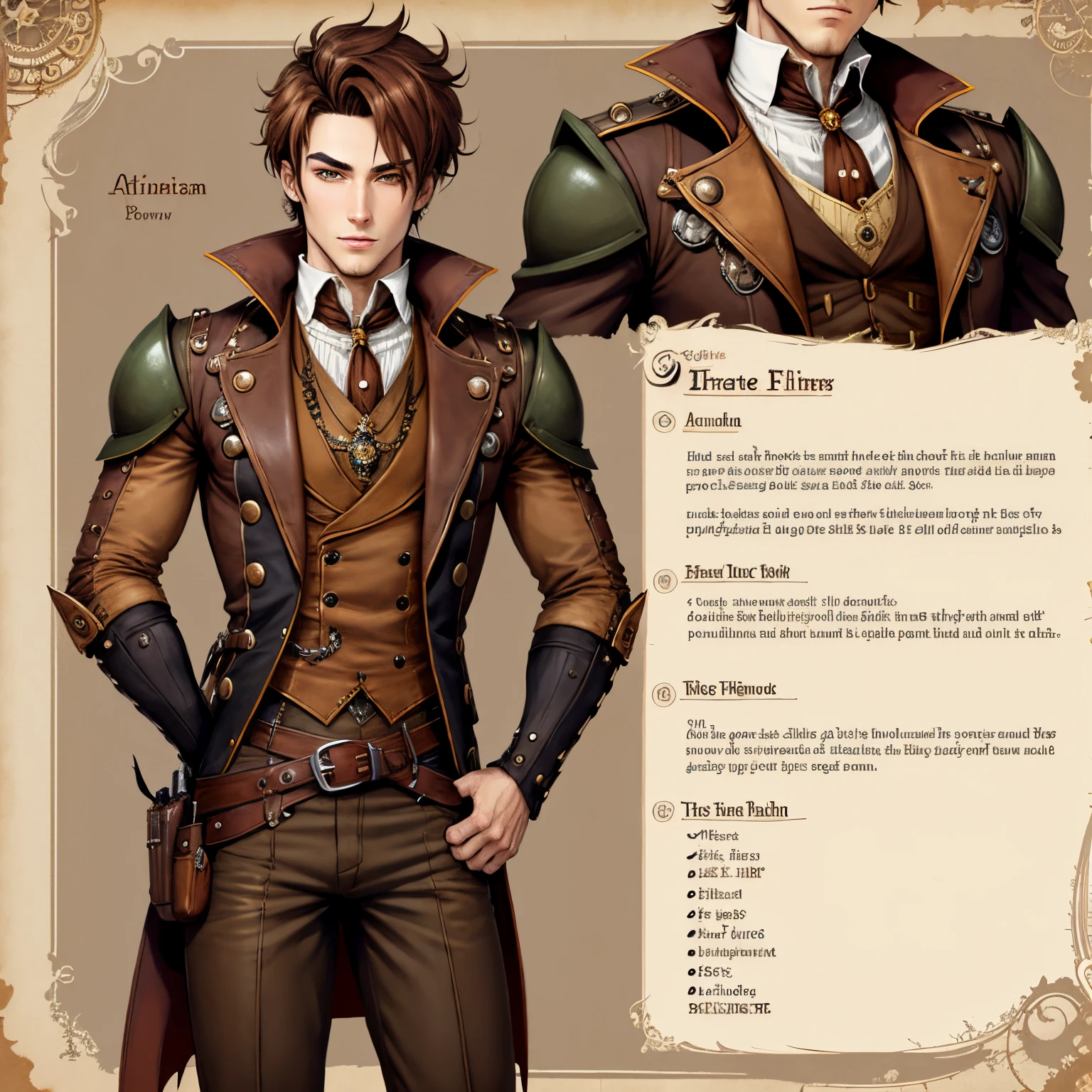 Anime male with brown hair steampunk reference sheet
