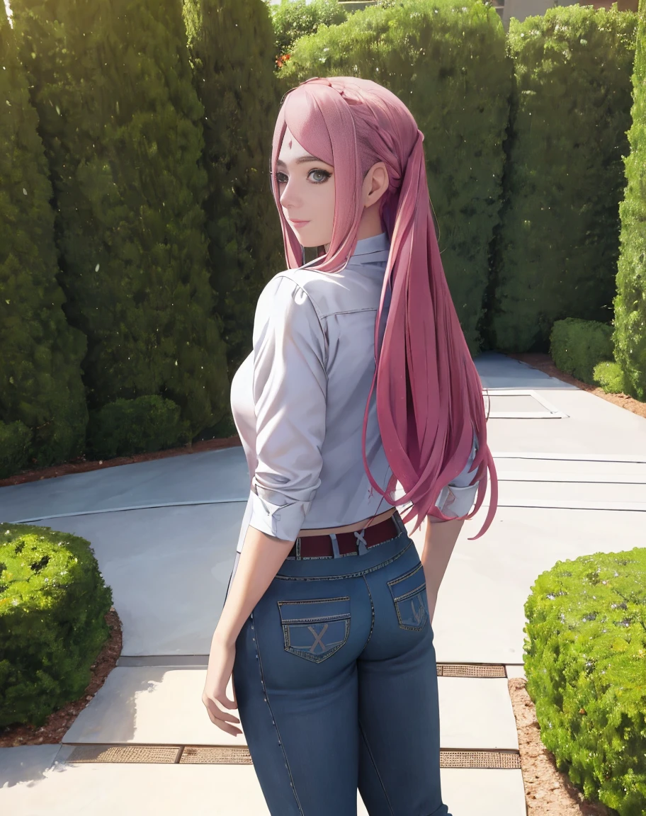 realista, fotorrealista,Disparo de vaquero,Obra maestra, absurdos ,(1girl:2), Haruno Sakura, Marca de la frente, Cinta roja para el cabello, vestido rojo sin mangas, , ombligo, ingle, brazalete, Mirando al espectador, They are smiling, Cerezo, Private garden, viento, cabello flotante, pecho grande ,(((caderas anchas))), cuerpo tonificado, ojos detallados, view from back, tratando de usar pantalones, Pulling pants, Hip outer pants