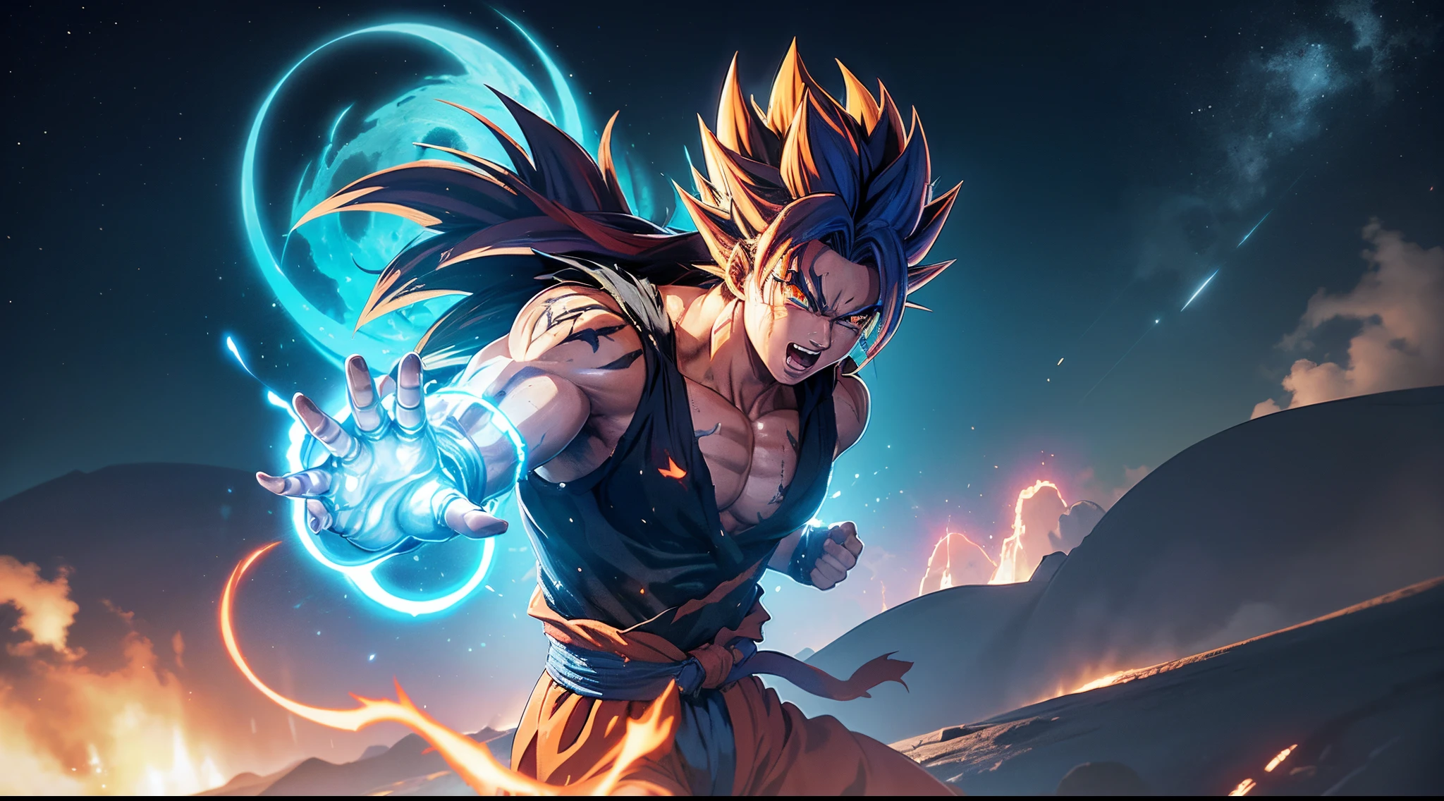 ''Get ready for a visual feast with Goten having a handsome face and piercing red eyes, glowing blue hair and tattoo, well-proportioned character portraits and landscapes, and a perfect body. In his transformed state, he radiates extreme instinct and power, creating an epic anime about this man of energy. fire and lava in stunning anime artwork that will leave you in awe. This concept art is straight from the Universe, with manga-style 8k wallpapers that will transport you to another dimension. Get ready to be amazed by this detailed piece of digital anime art, showcasing the ultimate combination of style and power.''
