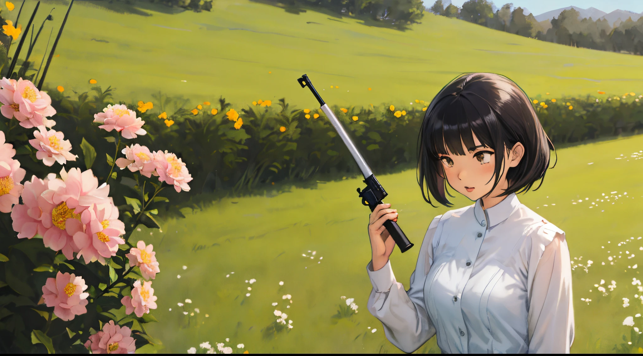 JK comic girl&#39;s background and long shot on the grass and flowers HD
