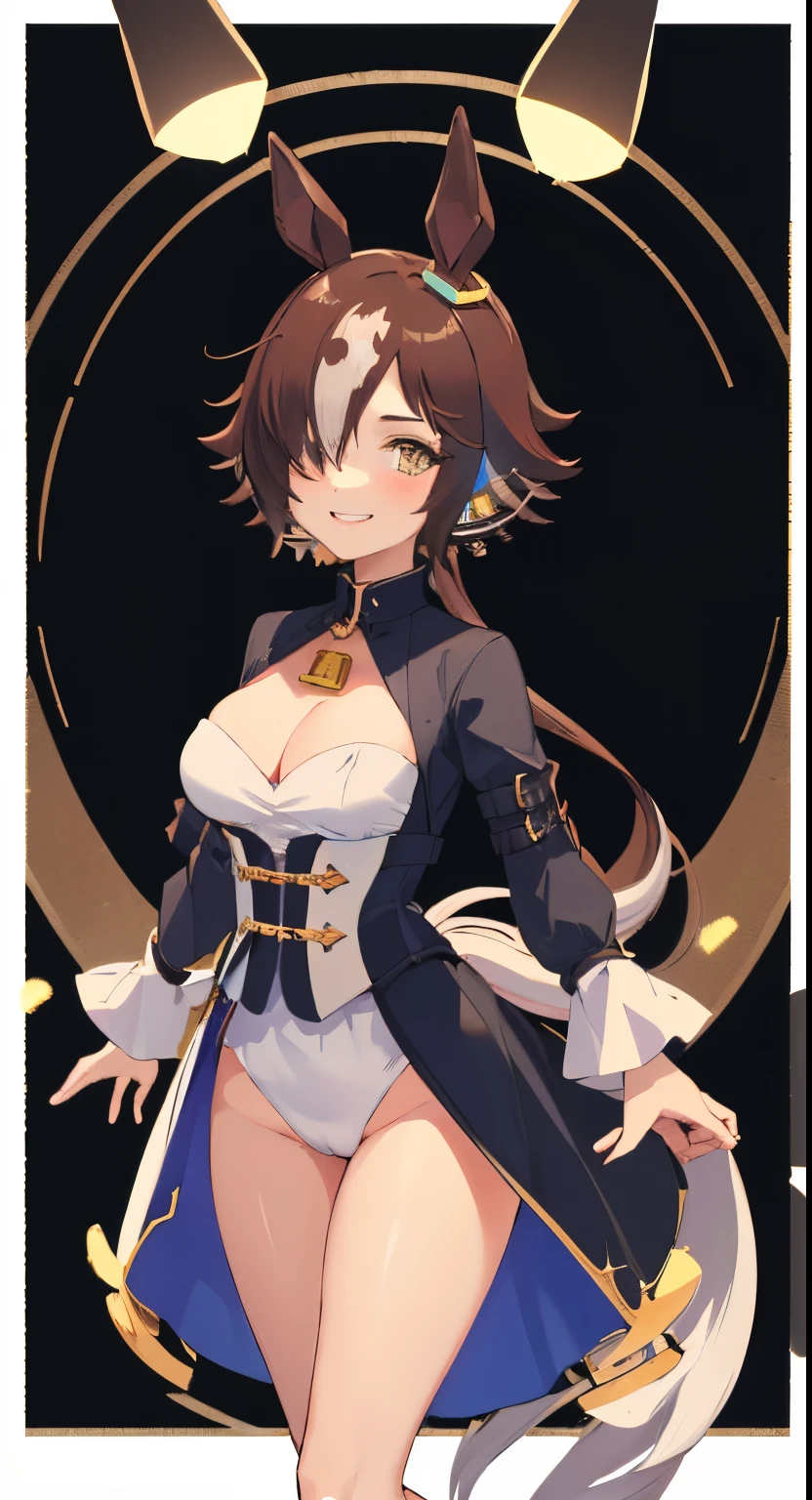 top-quality、masutepiece、Best Quality、detaile、finely detail、​masterpiece、Official art、vodka\(Umamusume\)、Animal ears、Uma Musume、1girl in、Solo、cowboy  shot、is standing、(fullnude)、Beautiful udder、Beautiful nipples、slim figure、blush、Smiling smile、鎖骨、simple background、white backgrounid、Looking at Viewer、sidelightning