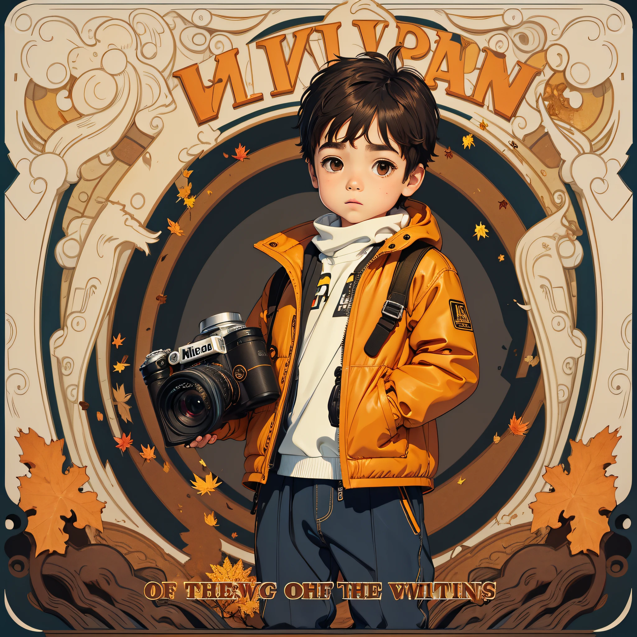 A little boy in autumn clothes holds a Nikon camera in his hand,poster for,10 year old face,autumnal,Cartoonish