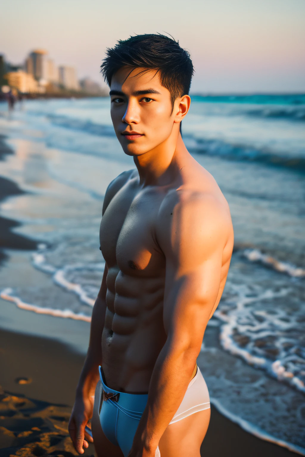 A handsome 20-year-old Asian man,Toned body,Sharply defined,Be well-exercised,Protruding muscle striae,Full muscles,Healthy complexion,Confident posture,On the beach,full bodyesbian,gentlesoftlighting,tmasterpiece,best qualtiy,8K UHD,digital DSLR camera,filmgrain,Fujifilm XT3 Realistic painting art,Written by Midjourney and Greg Rutkowski