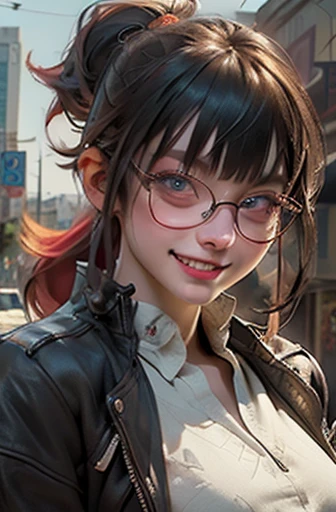 1girl with glasses, 30yo, (blunt bangs hairstyle), (fringe cut bangs hairstyle), (The forehead is hidden by bangs), (((red hair))), (boyish), (((low pony tail))), (asymmetrical messy hair), (((black-rimmed round glasses))), (((red pony tail))), (((beautifully detailed face))), (((perfect face))), (((Beautiful detailed eyes))), (((perfect eyes))), ((sharp eyes)), ((Blue eyes)), (punk makeup with so many eyelashes and jet black eyeshadow), ((sadistic grinning smile), (clenched teeth)), ((tanned skin)), (((open stand neck black jacket)), (loose t-shirt)), street fashion, (red lined sport pants), black leather gloves, (Solo), ((hand on hip)), Full Body Image, perfect anatomy, slender, small bust, abs, (thin waist), (handsome face:1.3), ((crazy smile:0.5)), (teeth fangs:1.3), ((dark skin)), ((Narrowed Eyes)), (evil smile, evil look), open legs, (staring at me with a provocative smile), ((half-closed eyes)), (((black thick rimmed glasses))), (high detailed skin), ((top-quality)), ((High Definition)), ((beautiful detailed)), high quality shadow, mostly cloudy sky, ((official art)), octane render, two-tone lighting, Cyberpunk city street background, White balance, Long Exposure, Depth of Field, anatomically correct, (((Best Quality))), (((masterpiece))), (((Super Detail))), (((Photorealistic))), (((UHD)))