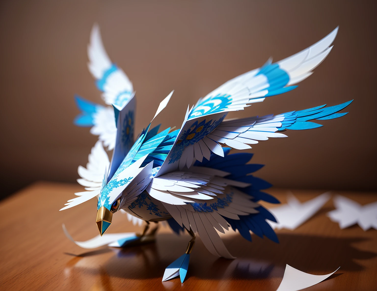Come out of the open book,White and blue paper phoenix,delicate wings,Hanging in the air,paper craft low poly, paper art, Blue feathers, Papier-mâché art, Elemental guardian of life, The thick white book is opened at your feet,made of cardboard, Silver Eyes,iintricate, paper art, made of paper, made of paper, sky spirit, The art of layered paper, inspired by noami, paper cut out, Detailed fanart