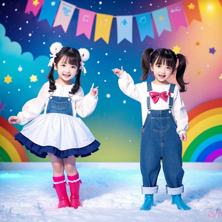 Stand in front of the photo、an animated character、1:1 style、1 Chibi cat ear girl,Full body,a short bob, But long pigtails, rainbow color Hair,long boots,Open mouth and big smile、kawaii pose、Flowing iridescent silk、Denim overalls、up of face、Eye Up、Colorcon with heart pattern、Floral dress、Pose with the snowman、snowscape、season winter