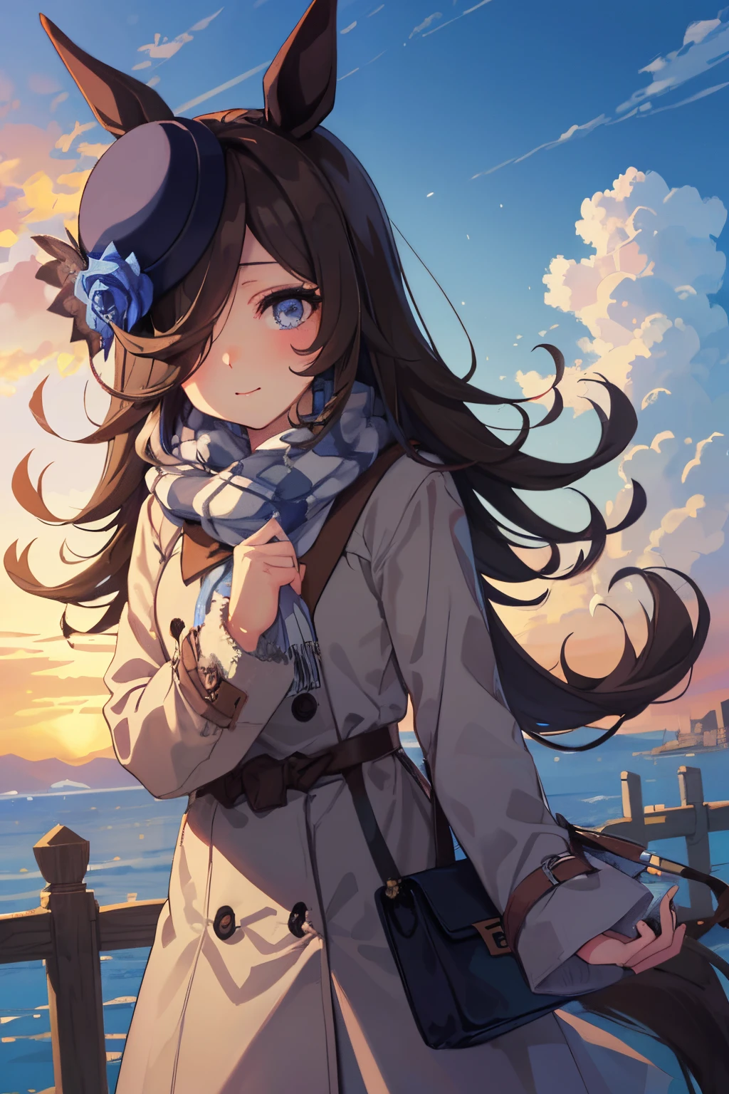 (masutepiece.top-quality).(Dynamic Angle). (Very spectacular detail CG painting),(image perfect)、Solo Girl、comic strip.Illustration.1 girl in.Detailed face、face perfect.delicated face、girl in delicate winter clothes、((Brown long coat))、Textured skin、Black hair.long、(Horse-eared girl)Horse-eared girl、((Beautiful blue eyes)).Delicate and beautiful eyes、Eyes written in detail、Reflected eyes、Watery eyes、smil.(Wearing cute winter clothes:1.3).(muffler:0.8)、Autumn sky、8k wallpaper、cowboy  shot、Reflected Light、highestdetailed、Convoluted、Delicate background、Textured skin、Detailed skin、(ultra res)、(Solo Girl)