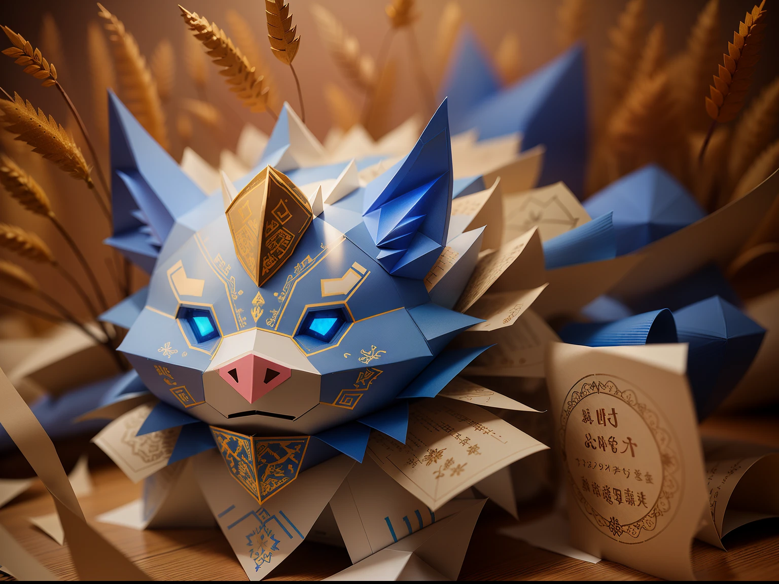 Mountain and Sea Sutra，There is a blue and white paper pig, There are two pairs of huge fangs in the mouth，Surrounded by ears of wheat，paper craft low poly, paper art, Fox type armor, Papier-mâché art, Elemental guardian of life, made of cardboard, glowing light eyes!! iintricate, paper art, made of paper, made of paper, Spirit of the Forest, The art of layered paper, inspired by noami, paper cut out, Detailed fanart