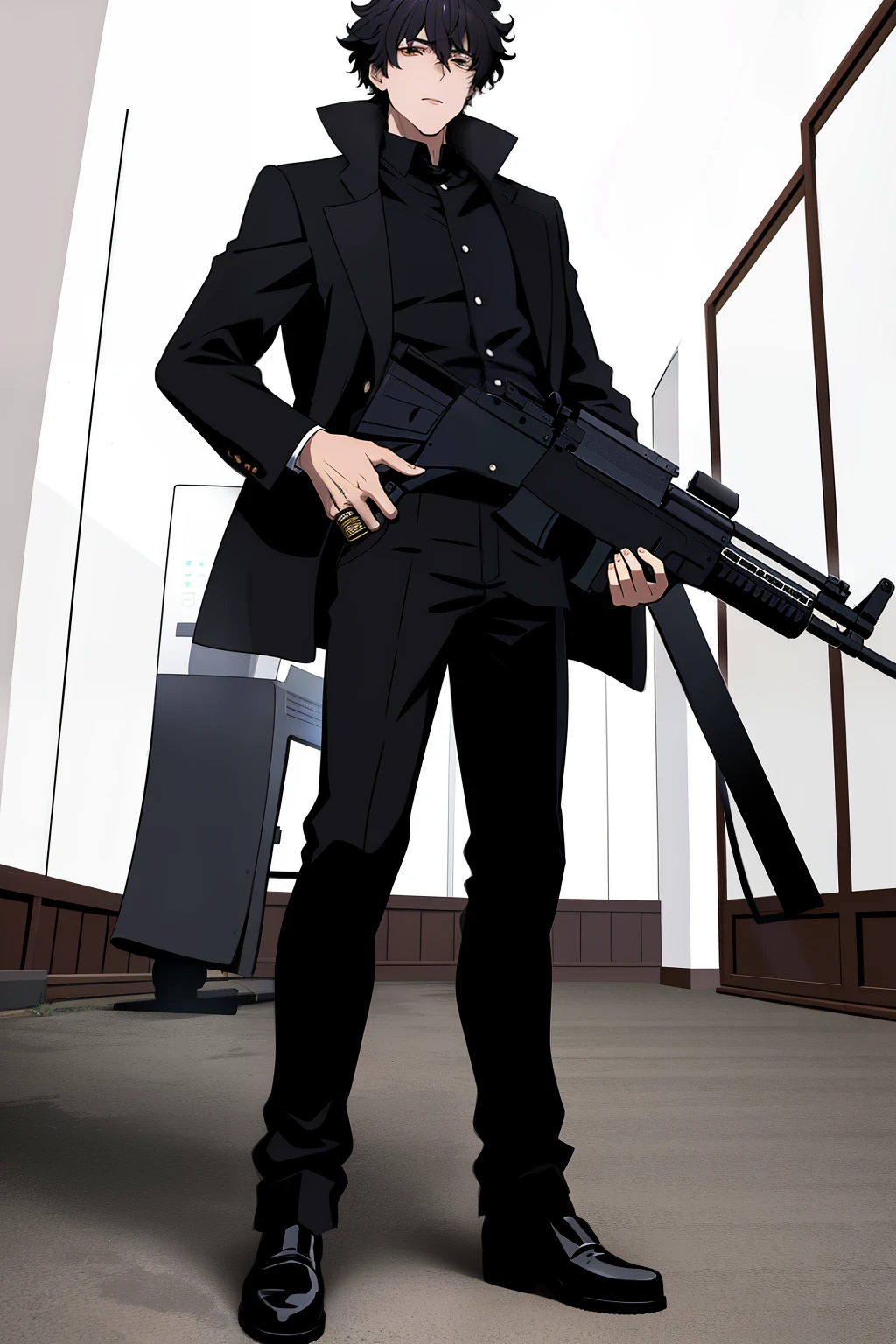 Boy, curly hair like rings,Black jacket, long black pants,He holds a Russian PKC machine gun in his hand, full body, PK machine gun,Photography angle from below, Pekka machine gun, PKC, He holds a weapon in his hands, Crazy features