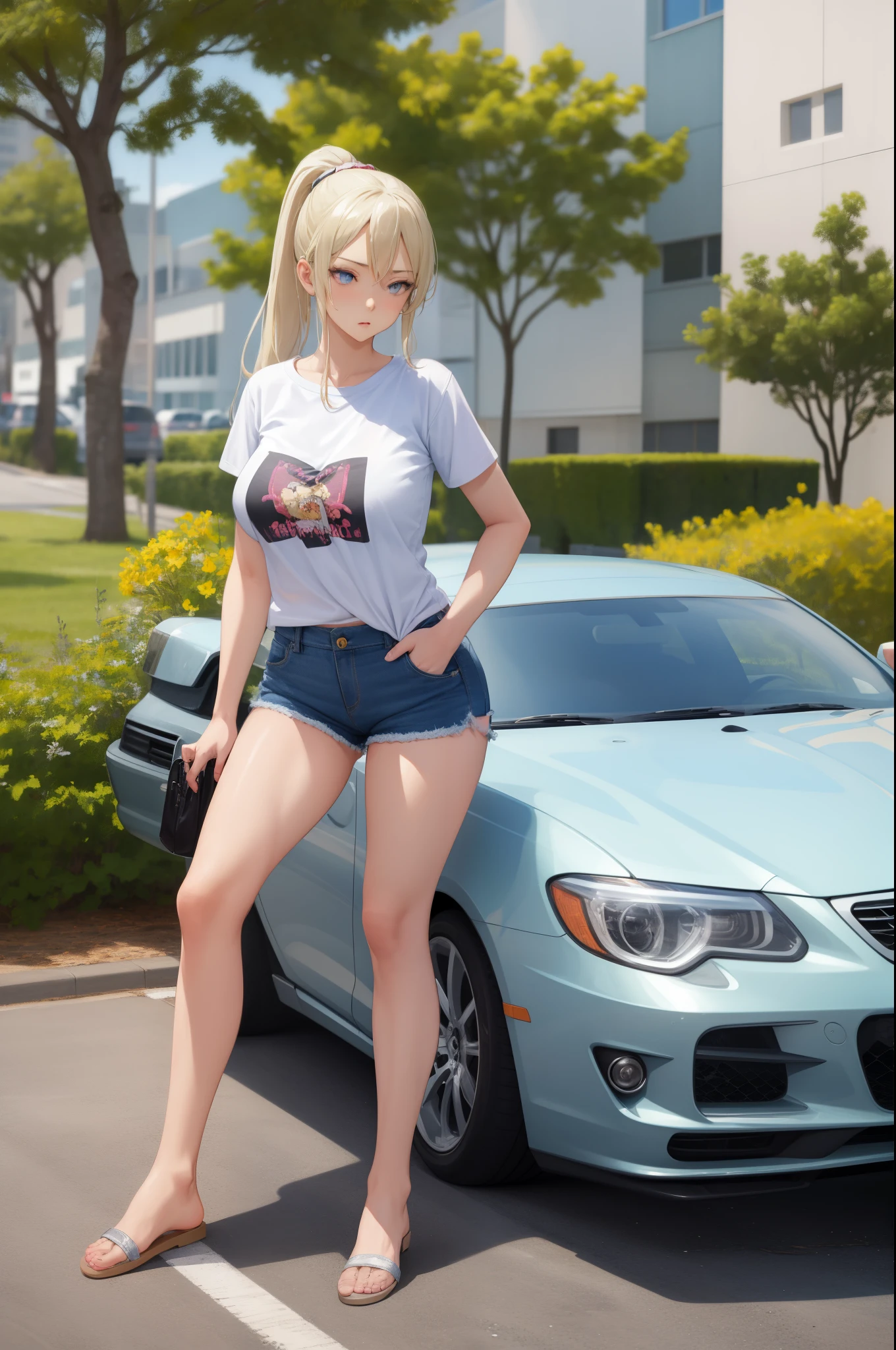 masterpiece, best quality, absurdres, perfect anatomy, 1girl, solo, Love Espada, long hair, ponytail, breasts, t-shirt, denim shorts, standing, outdoors, city, hands in pockets