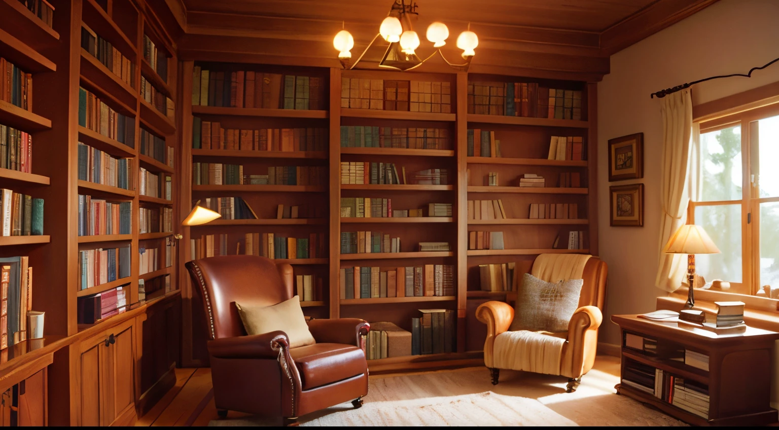 book, cozy atmosphere, wooden bookshelves, leather armchair, vintage desk lamp, stack of books, reading glasses, antique typewriter, cup of tea, warm sunlight, peaceful and quiet, intellectual vibe, bookworm's paradise, comfortable reading nook, organized chaos of books, old manuscripts, bookworm, knowledge and wisdom, creative inspiration, timelessness, vintage decor, aged parchment, soft ambient lighting, floor-to-ceiling windows, bookshelf ladder, bookmark peeking out, scent of old books, ink stains, worn-out armrests, typewriter keys, storytelling, imagination, escape into another world, writer's haven, literary treasures, minutes turning into hours, literary classics, dusty book covers, literary quotes hanging on the wall, cozy carpet, serenity, serene color palette, quiet contemplation.