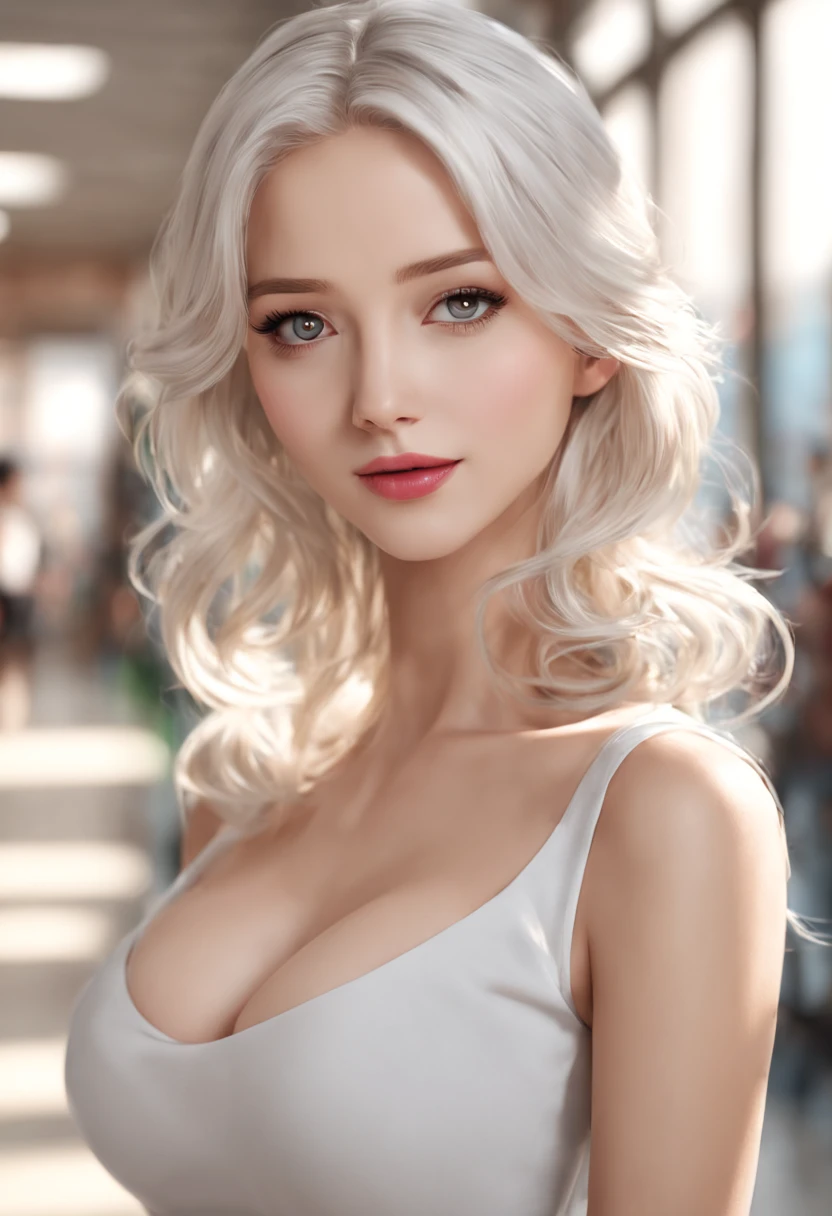 a hogg, White-haired beauty in school environment, Big breasts, big breasts (Best quality, 4K, 8K, A high resolution, tmasterpiece:1.2) ultra - detailed, (actual, realistically, realisticlying:1.37) Qili. Her eyes are fascinating, with intricate detail. Her lips are beautifully contoured, grab attention. Girl standing confidently in the corridor, with proud elegance. She has a gentle smile, Exudes warmth and approachability. School background bustling with students, Show lively atmosphere. The lighting is soft and natural, creating a warm and inviting atmosphere. The overall color palette is vibrant，With a hint of nostalgia. The artwork combines illustration and photography, Create a unique art style.