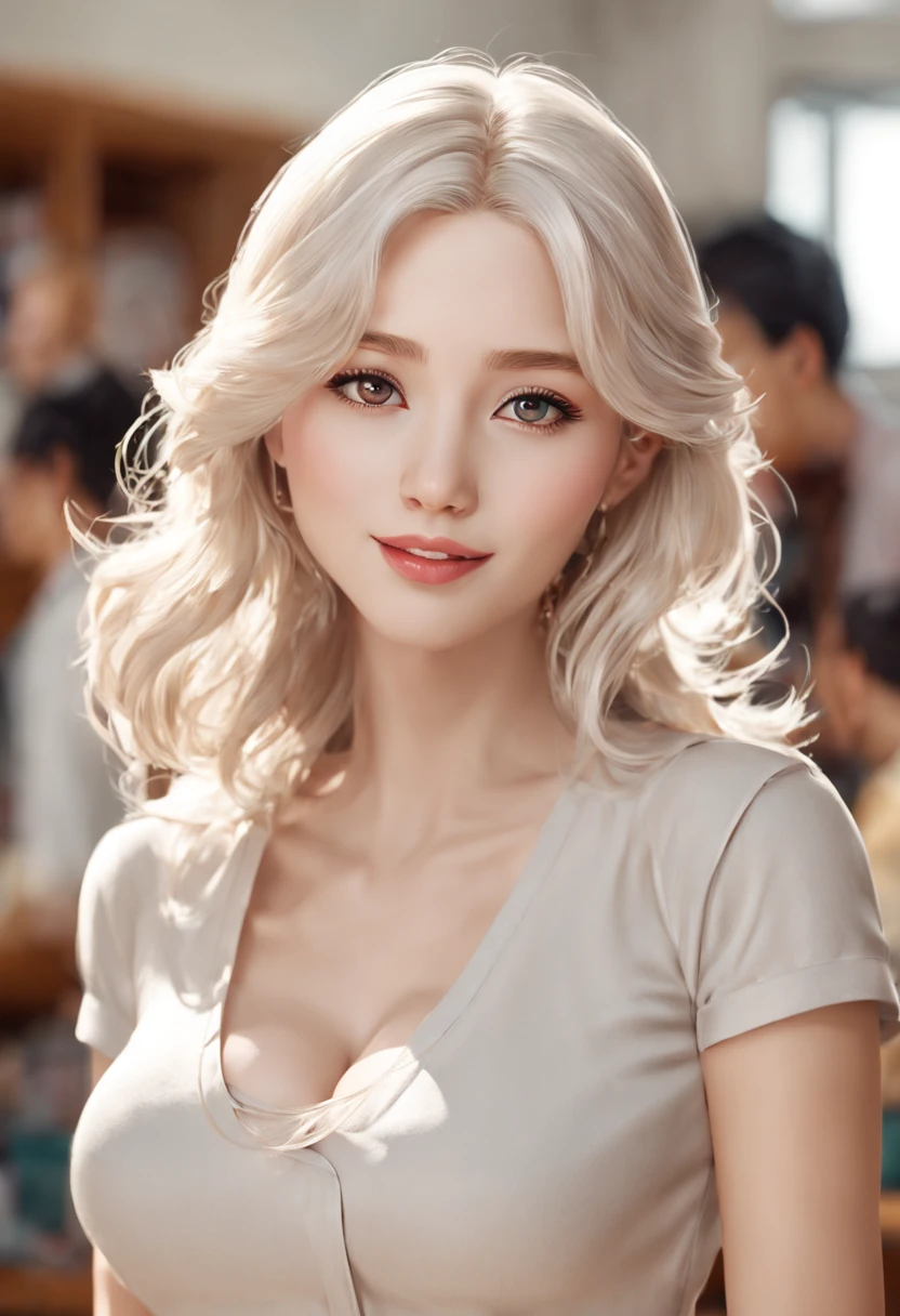 a hogg, White-haired beauty in school environment, Big breasts, big breasts (Best quality, 4K, 8K, A high resolution, tmasterpiece:1.2) ultra - detailed, (actual, realistically, realisticlying:1.37) Qili. Her eyes are fascinating, with intricate detail. Her lips are beautifully contoured, grab attention. Girl standing confidently in the corridor, with proud elegance. She has a gentle smile, Exudes warmth and approachability. School background bustling with students, Show lively atmosphere. The lighting is soft and natural, creating a warm and inviting atmosphere. The overall color palette is vibrant,With a hint of nostalgia. The artwork combines illustration and photography, Create a unique art style.