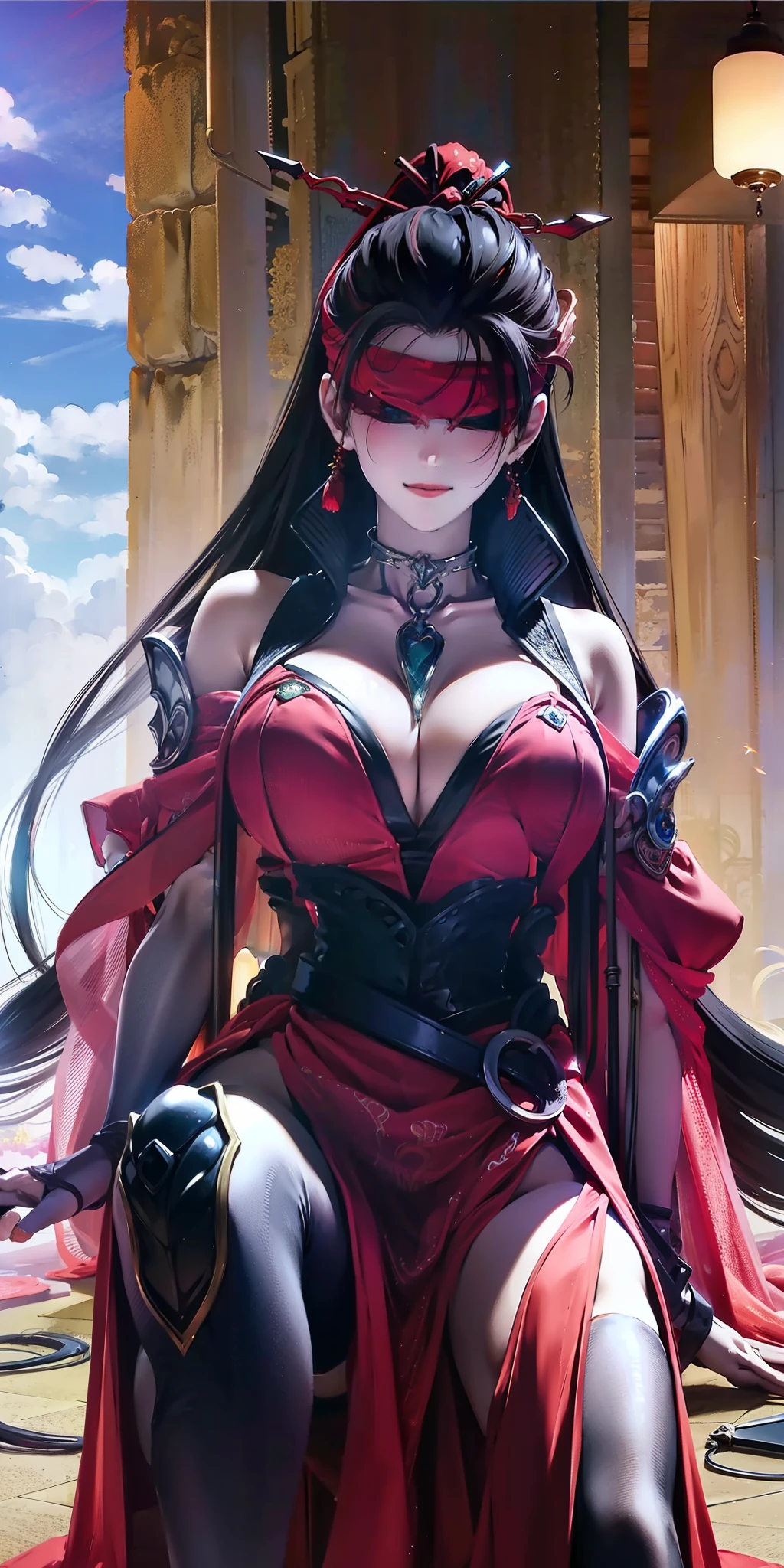 beautiful eyes,god rays, silk,  indoors,blindfold, hair ornament,red dress, bun, hair sticks, black hair, sit, spread legs,
jewelry,  hands on chest,see-through, looking at viewer,  hair ornament, choker, shy,  smile,
(masterpiece, top quality, best quality, official art, beautiful and aesthetic:1.2), (1 girl), extreme detailed,  colorful, highest detailed,
(huge breasts:1.2,) upper body, from bleow,  cameltoe, white panties, skirt lift,
china city,street,  sun, cloud, wall, leaning,